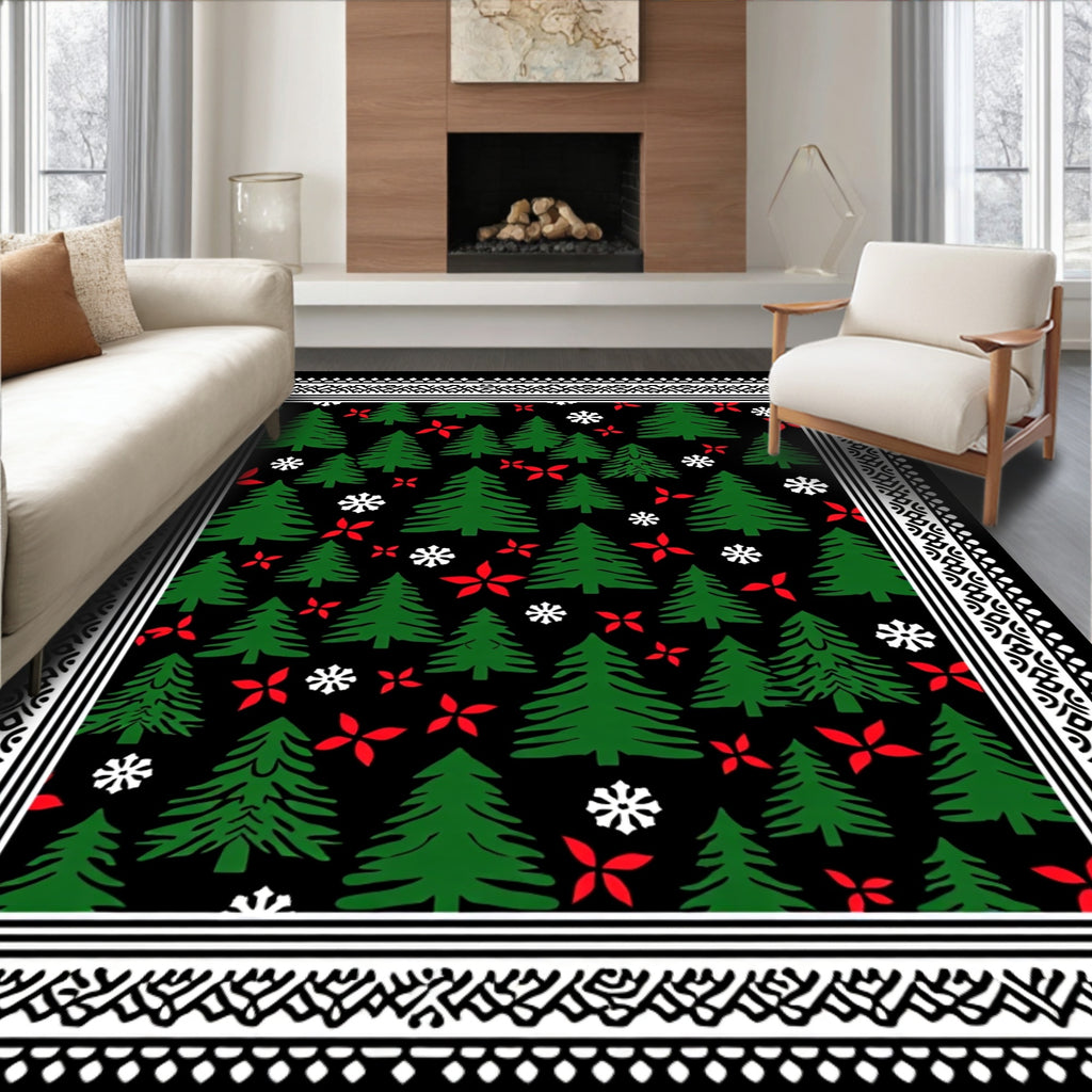 Forest Green Christmas Trees Red Flowers Rug