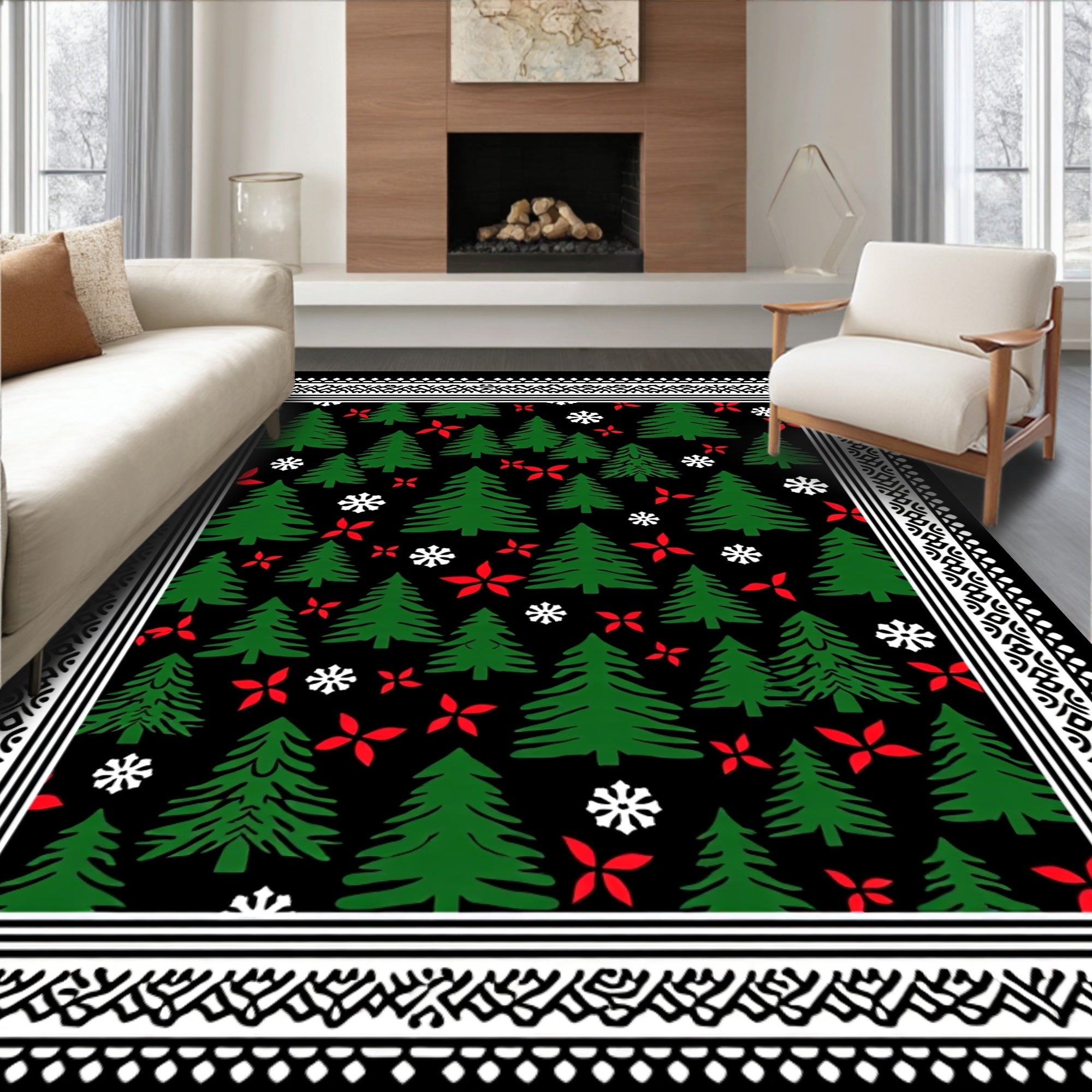 Forest Green Christmas Trees Red Flowers Rug
