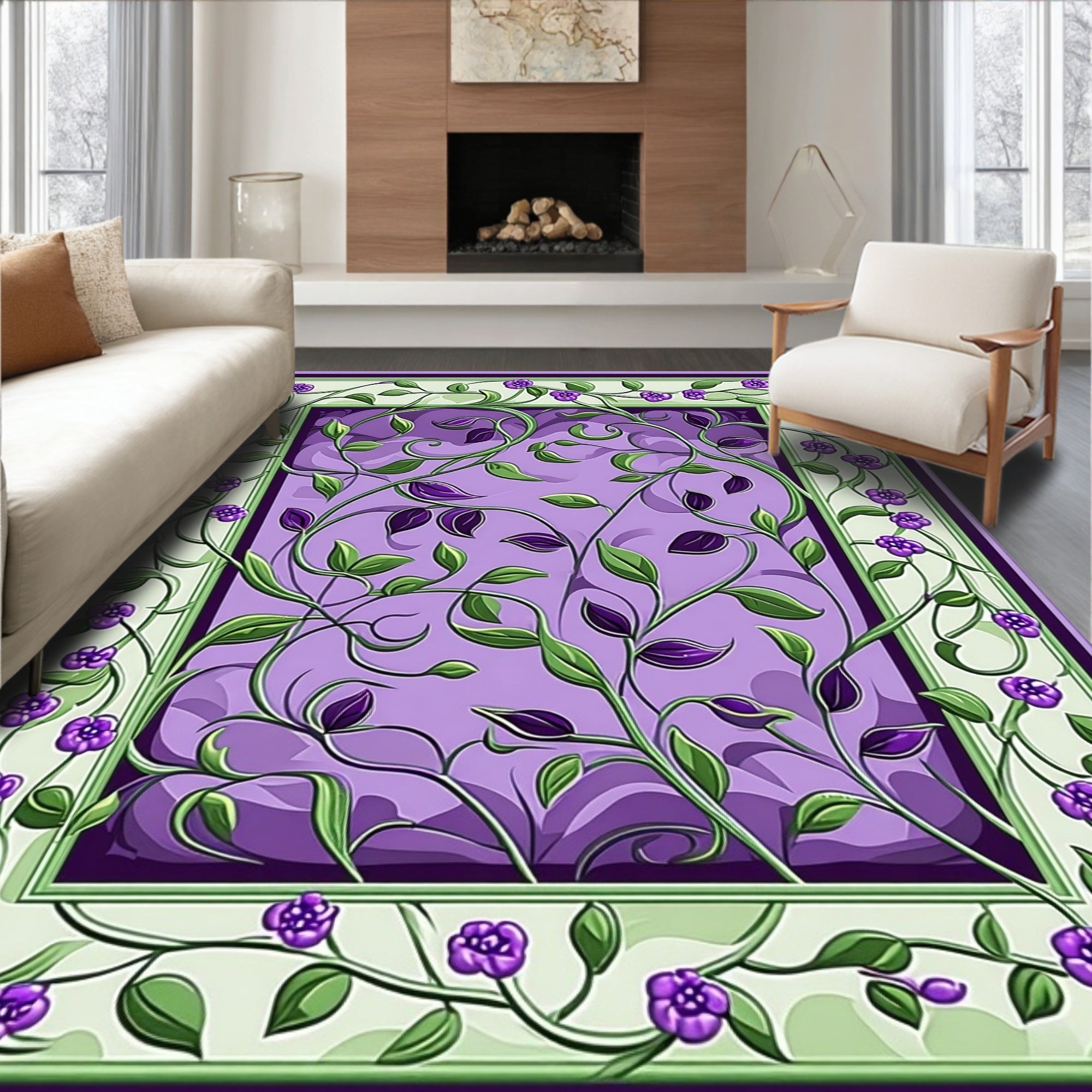 Purple Floral Vine Border Design Rug