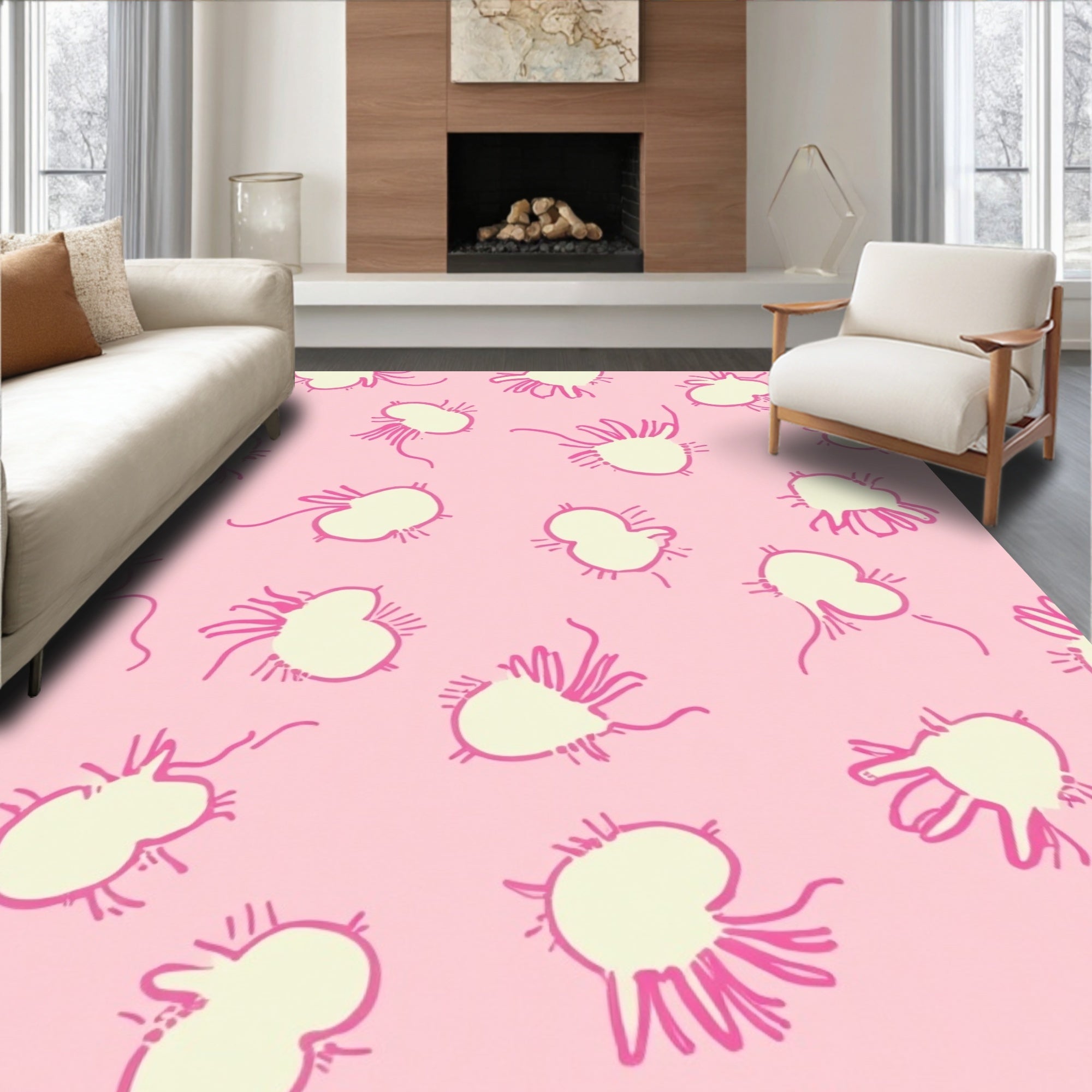 Pink Yellow Abstract Motif Rug