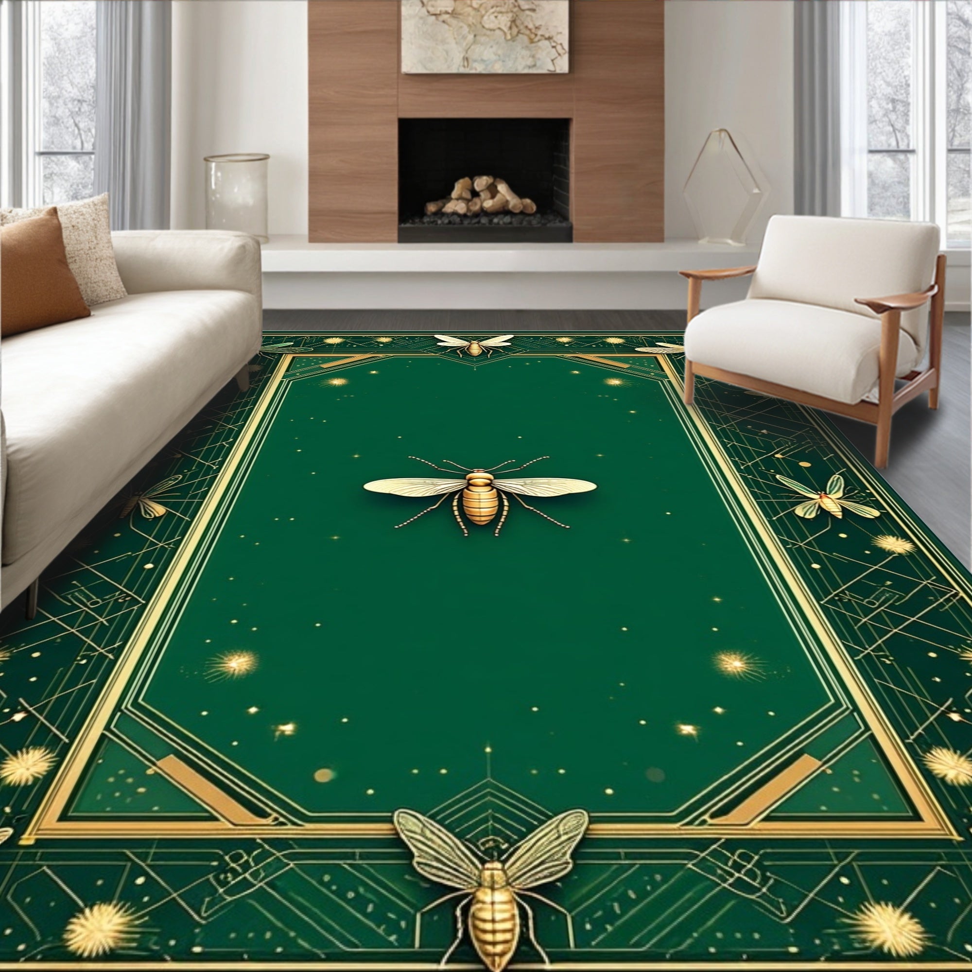 Opulent Green Gold Insect Pattern Rug