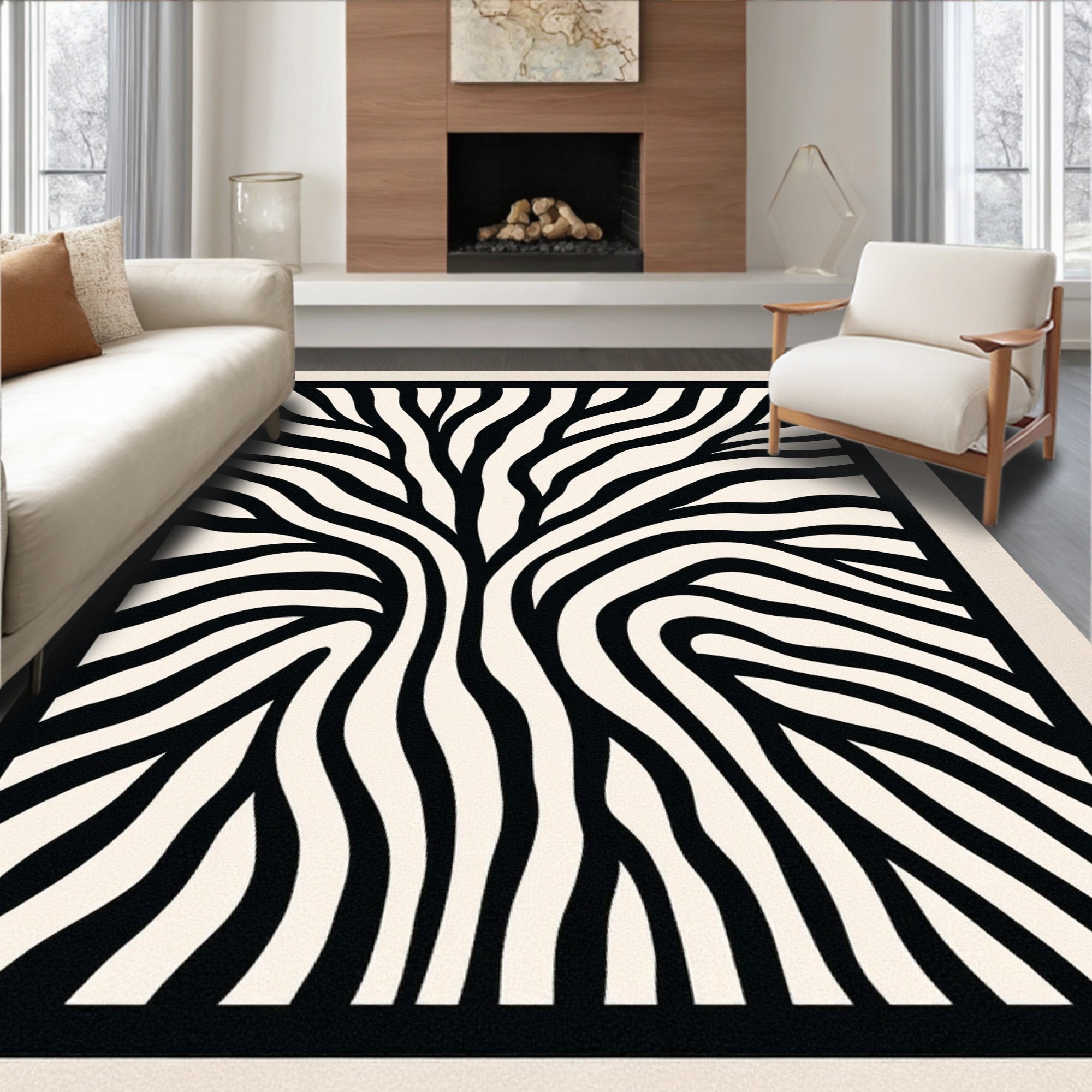 Black and White Abstract Wavy Stripes Rug