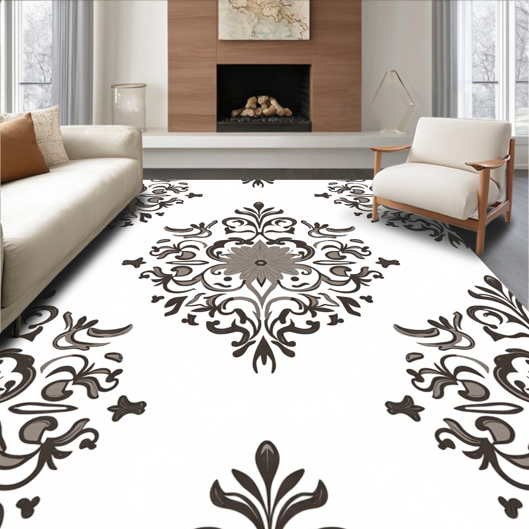Gray Floral Damask Medallion Arrangement Rug