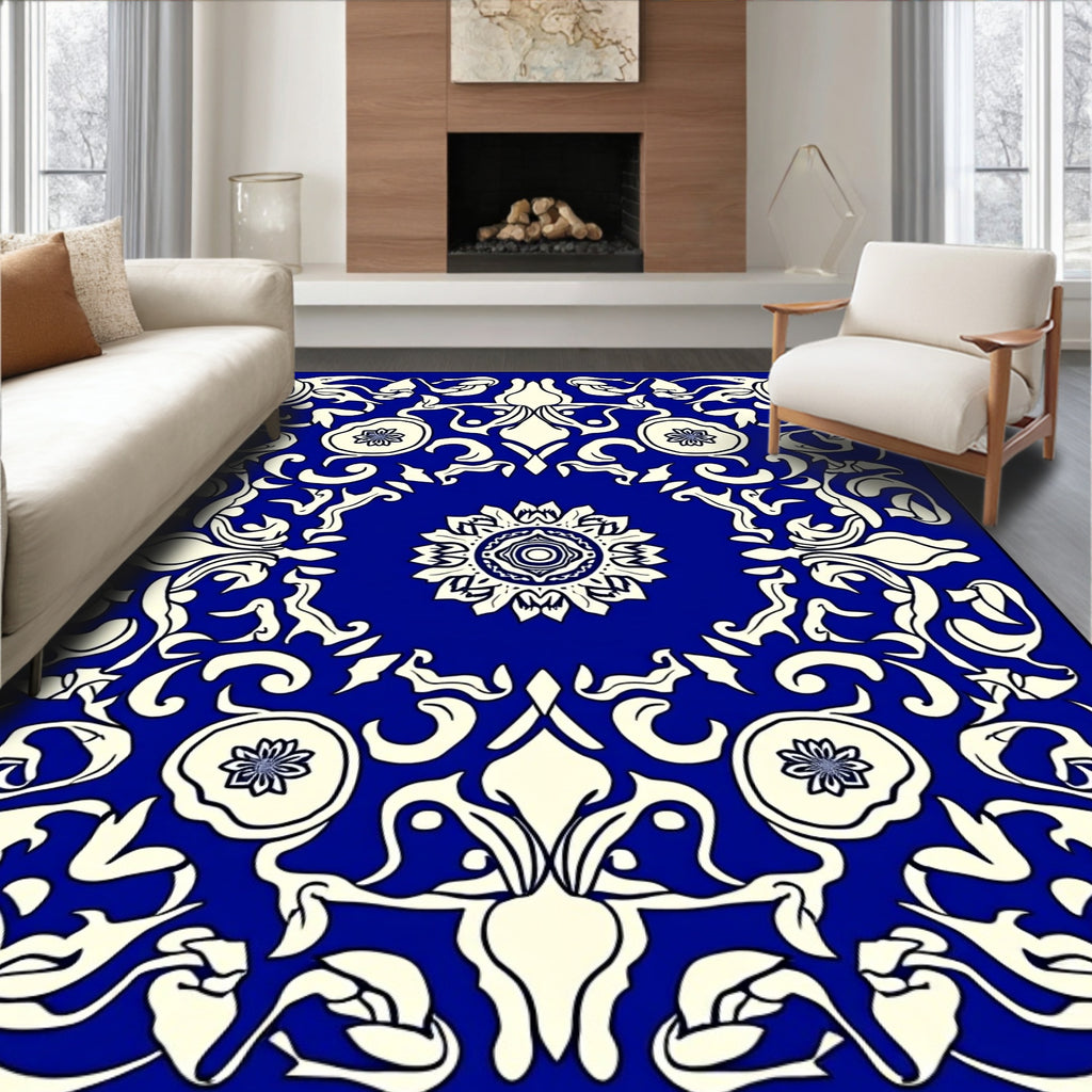 Royal Blue Floral Scroll Pattern Rug