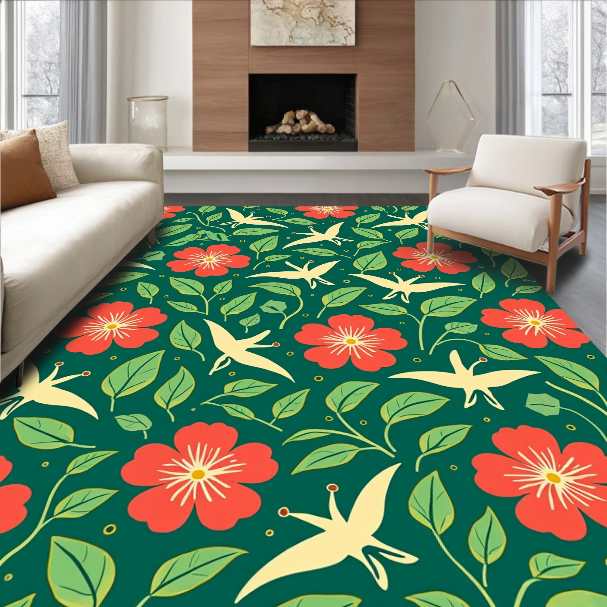 Whimsical Bird and Flora Pattern Rug