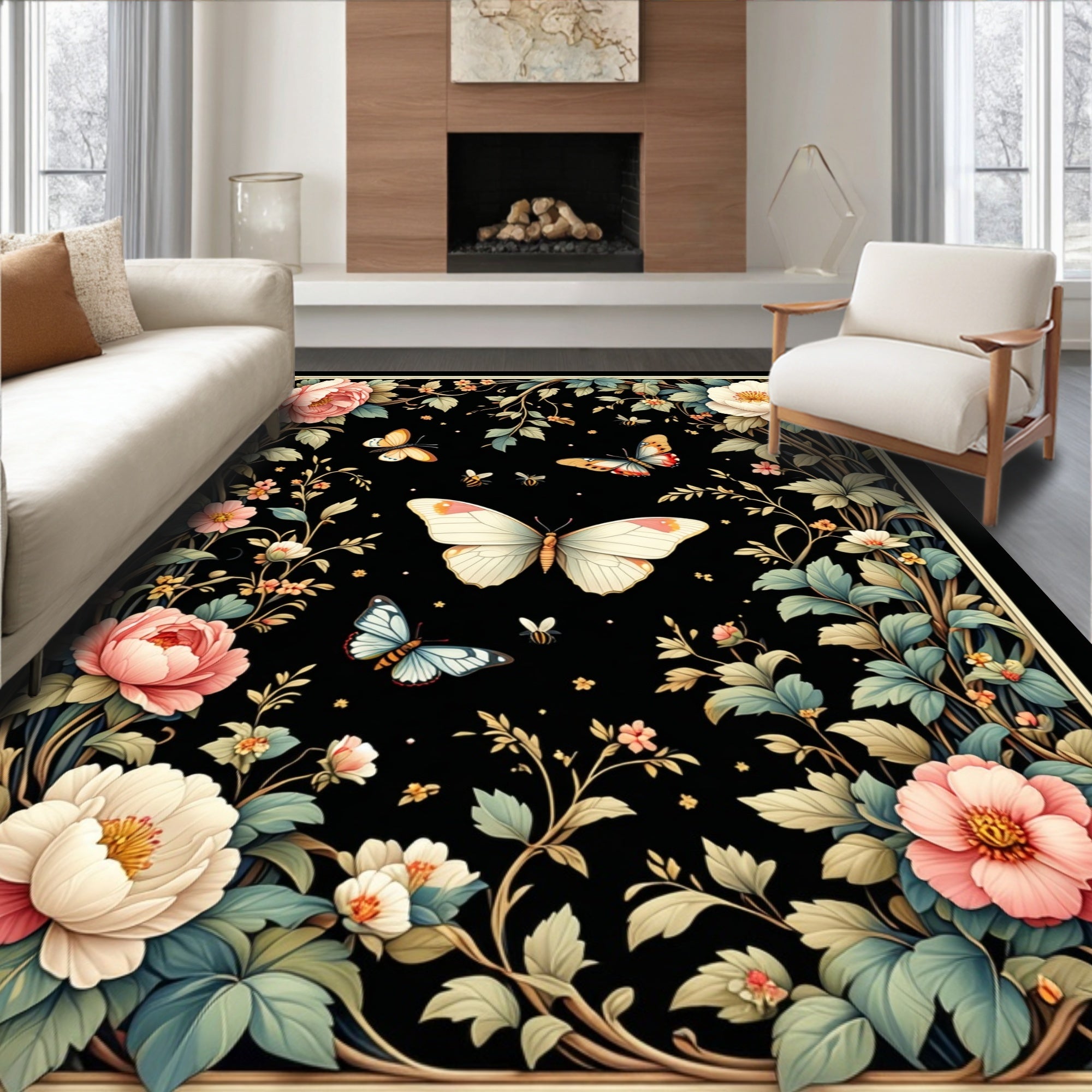 Floral Butterfly Garden Pattern Design Rug