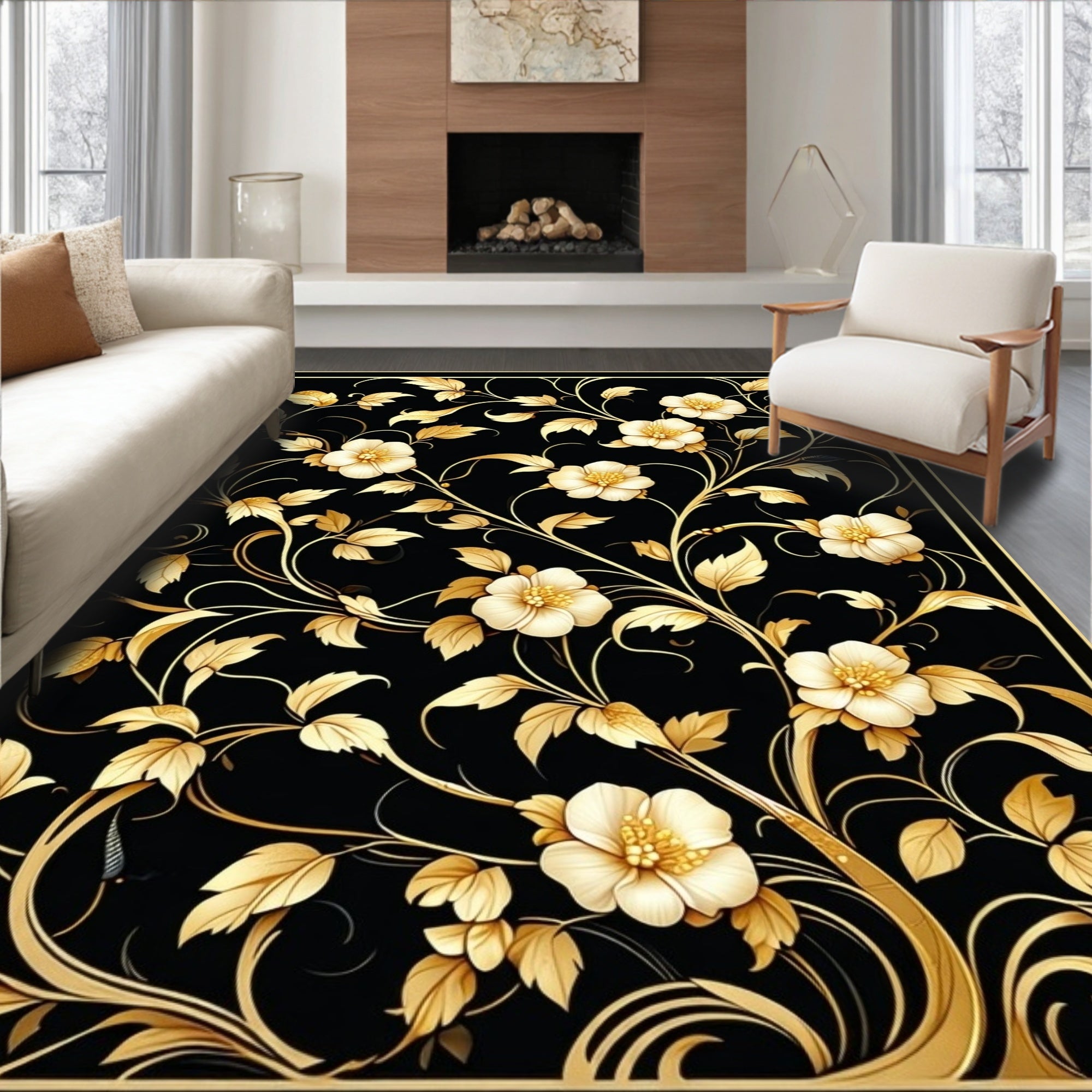 Elegant Gold Floral Nature Pattern Rug