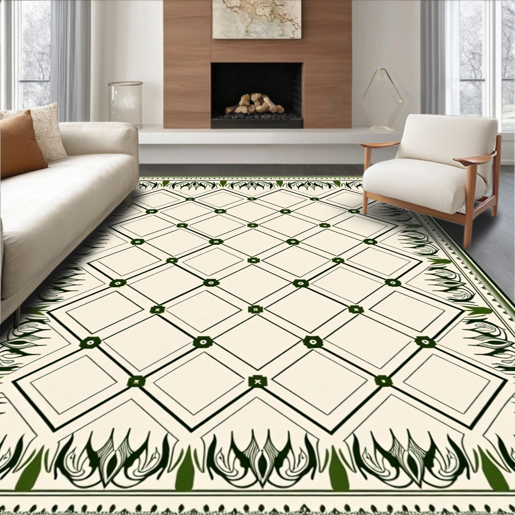 Emerald Diamond Lattice Border Rug