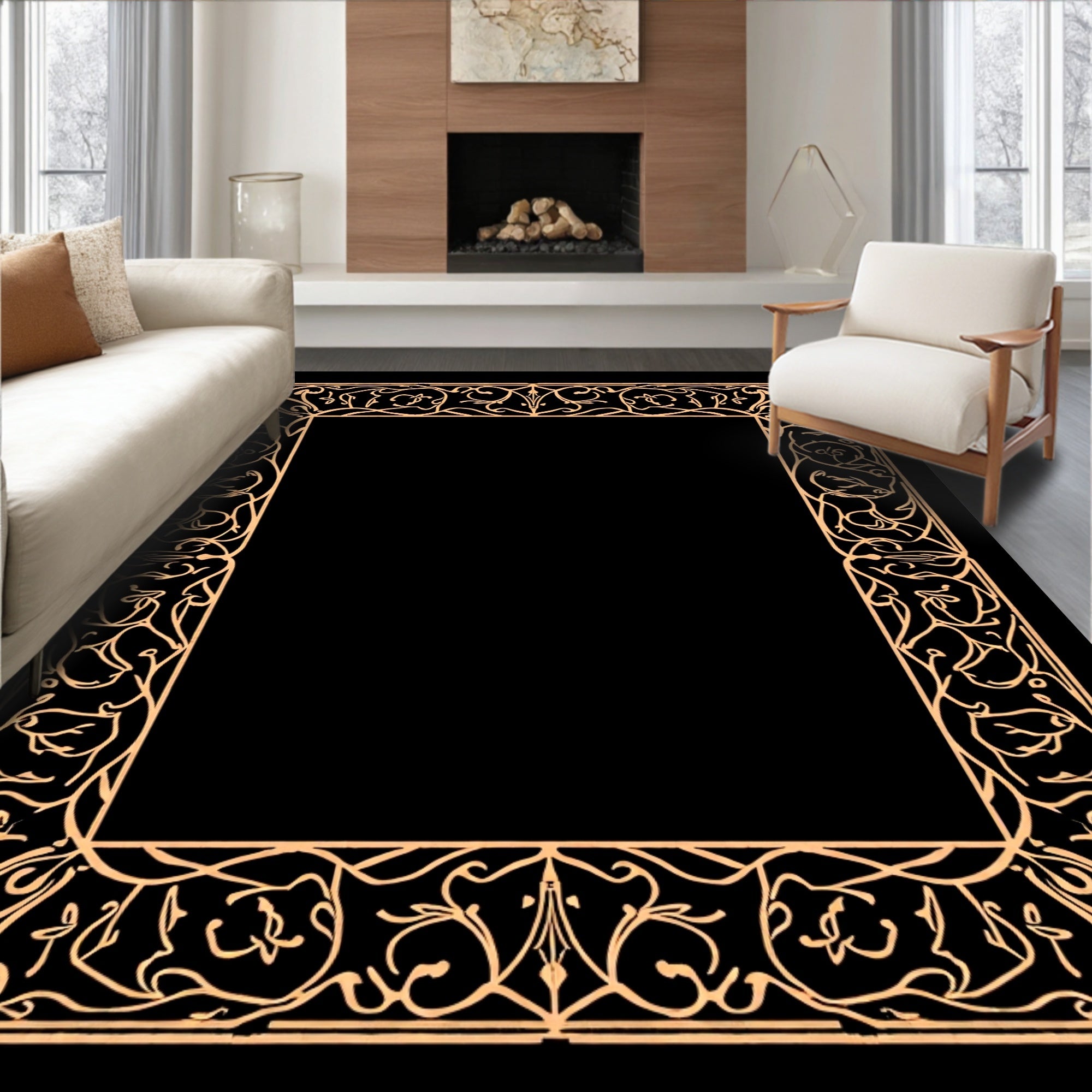 Ornate Floral and Animal Border Design Rug