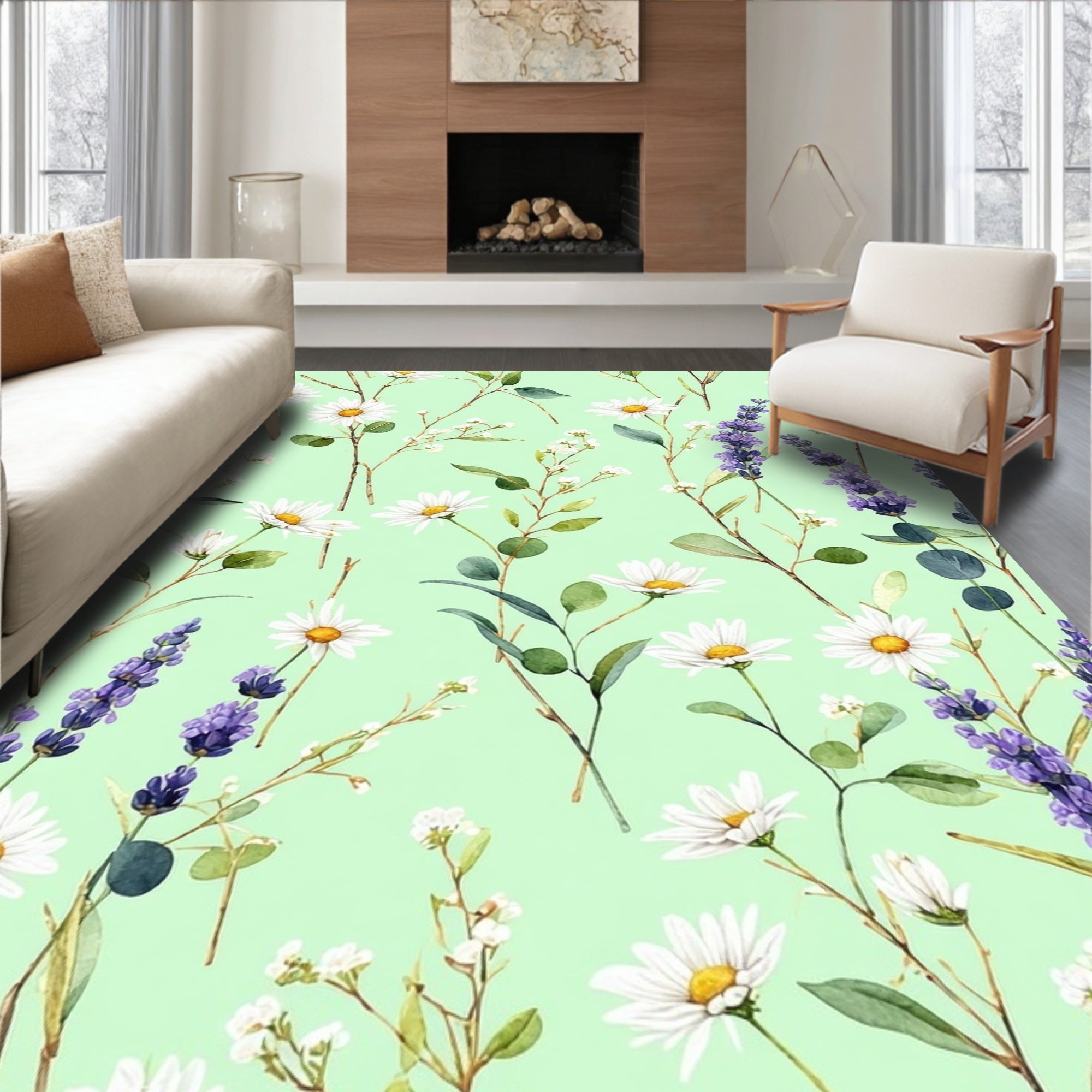 Floral Lavender Daisy Meadow Pattern Rug