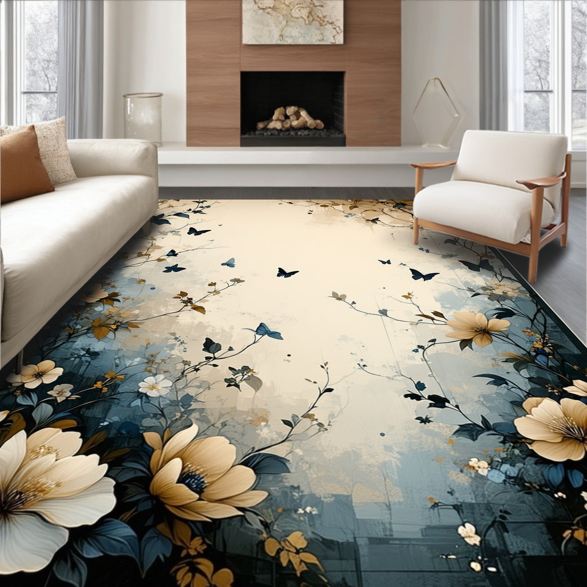 Ethereal Floral Butterfly Garden Design Rug
