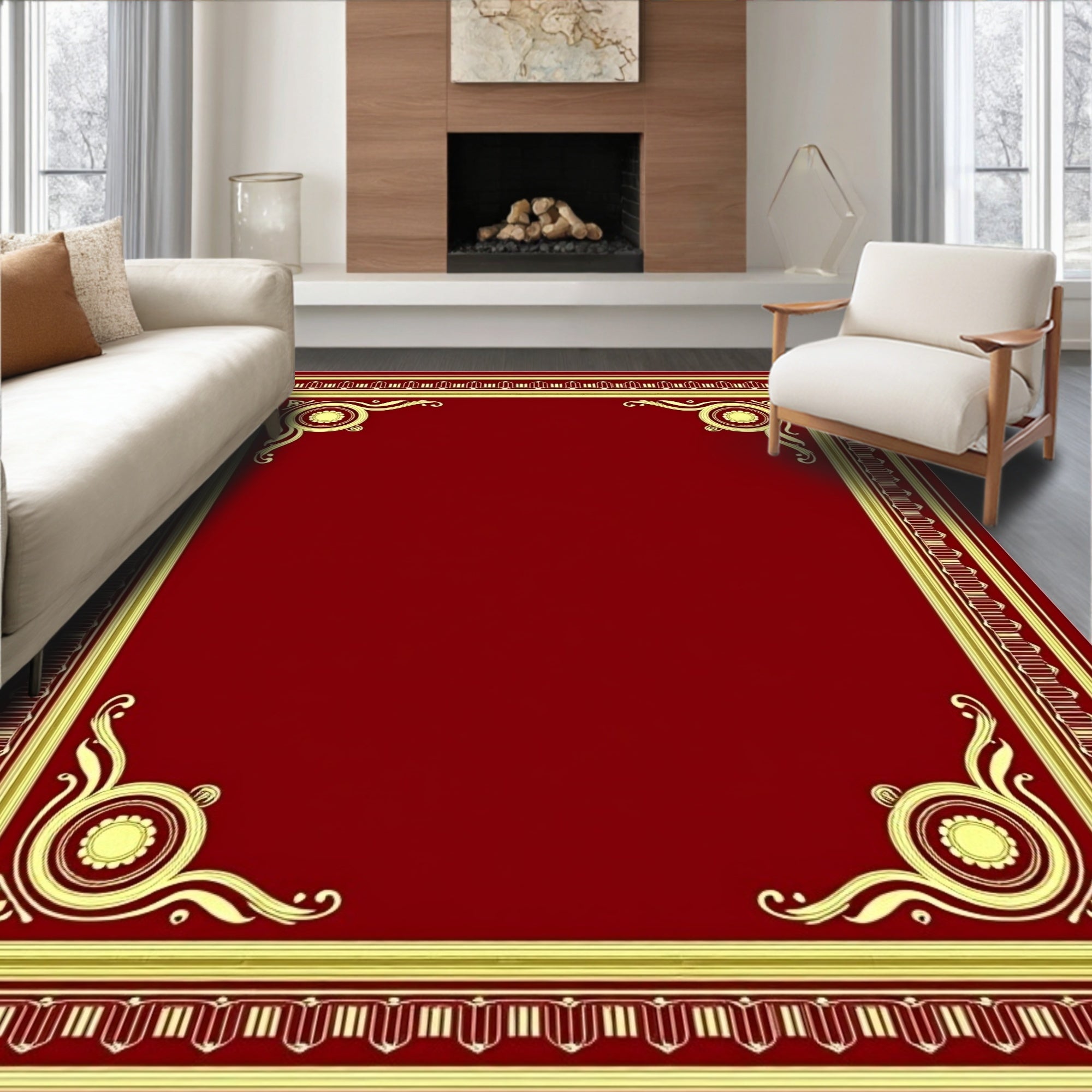 Crimson and Gold Ornamental Border Rug