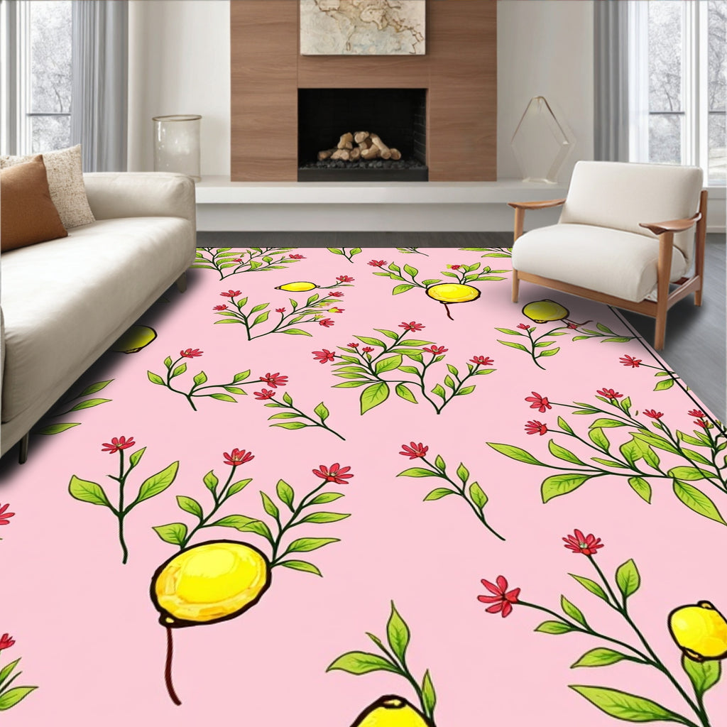 Pink Citrus Blossom Botanical Pattern Rug