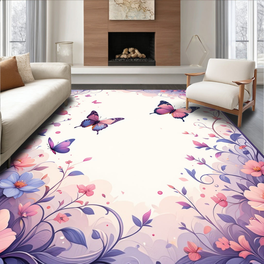 Delicate Floral Butterfly Meadow Design Rug