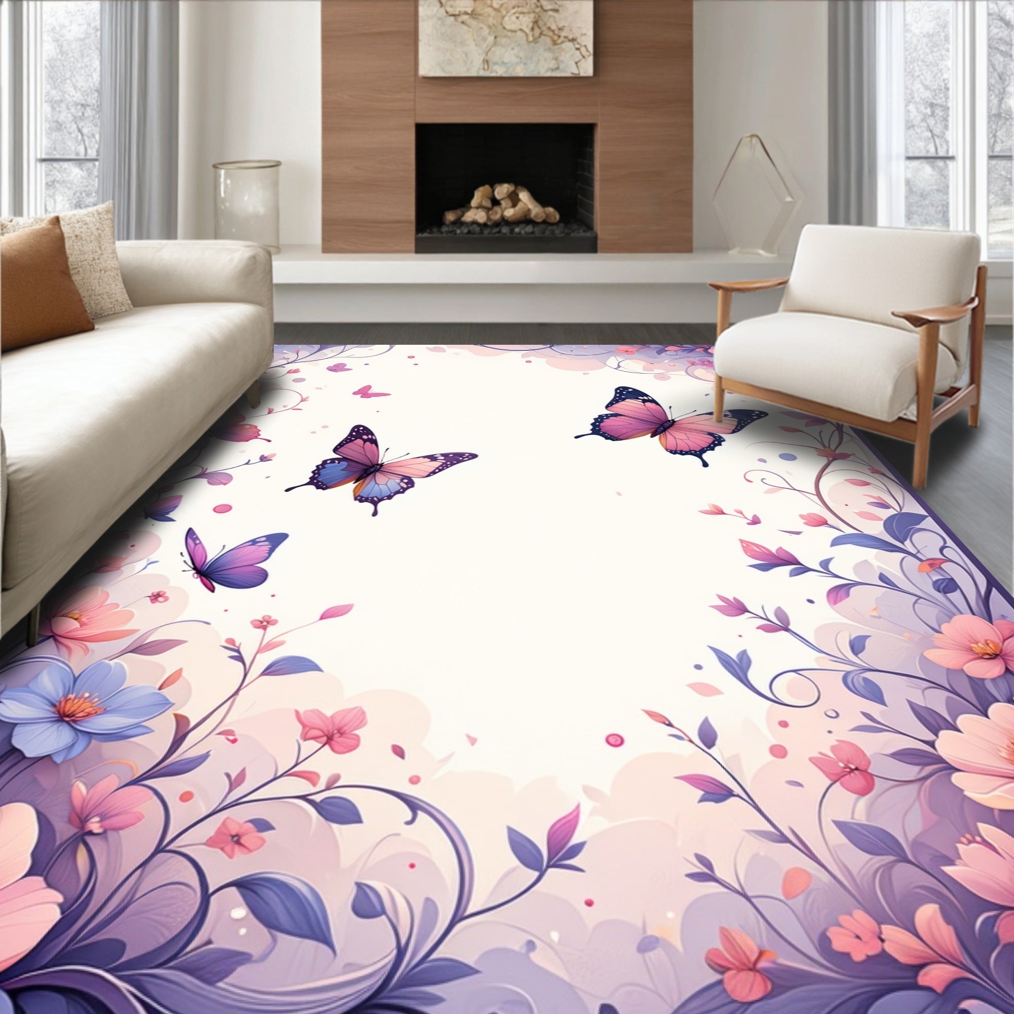 Delicate Floral Butterfly Meadow Design Rug