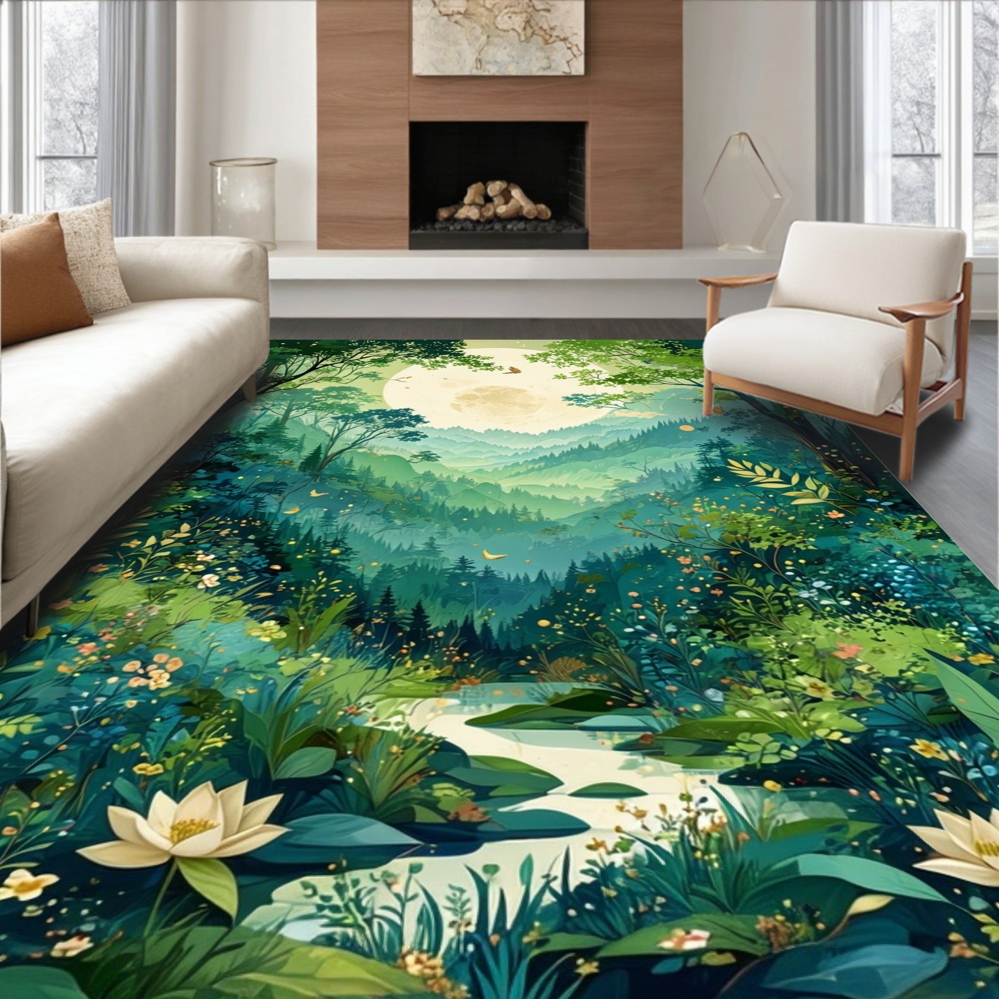 Enchanted Forest Moonlit Mountain Landscape Rug