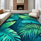 Tropical Leaf Patterned Green Blue Rug