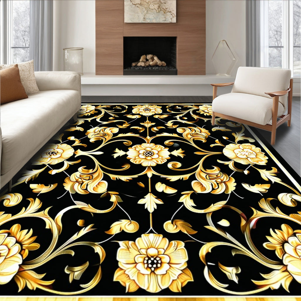 Ornate Gold Black Floral Scroll Rug