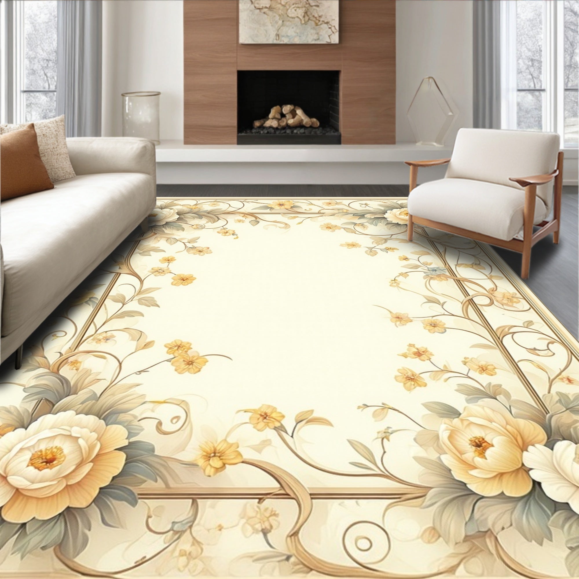 Ornate Floral Vine Border Design Rug