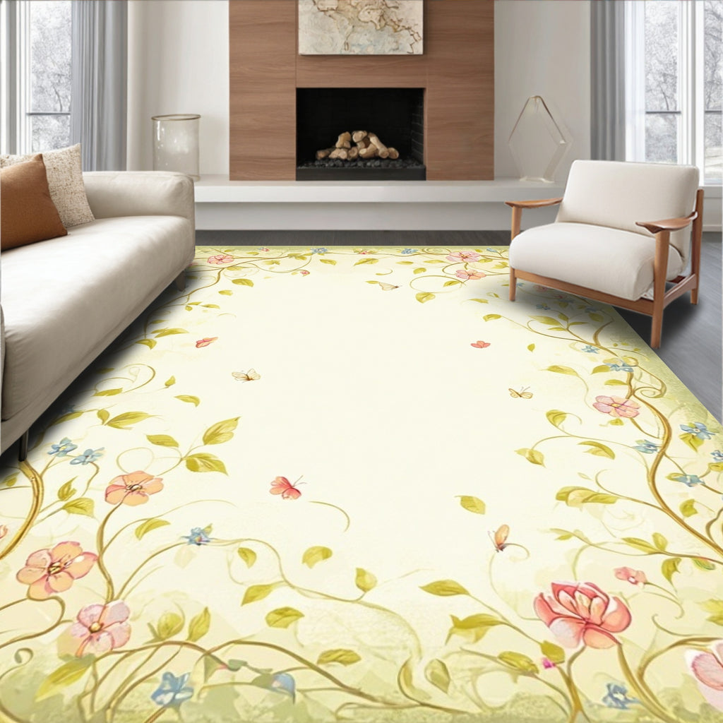 Whimsical Floral Vine Butterfly Pattern Rug