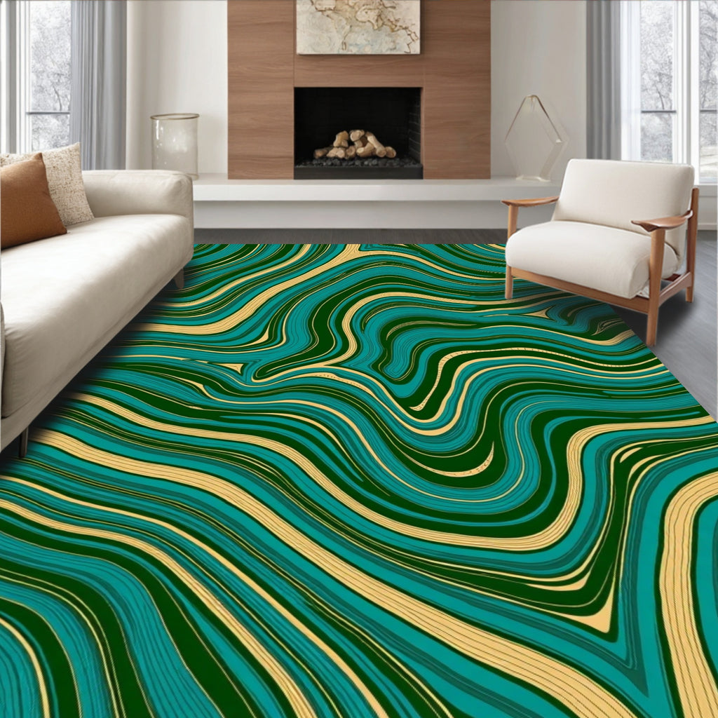 Deep Teal Amber Marbled Swirl Rug