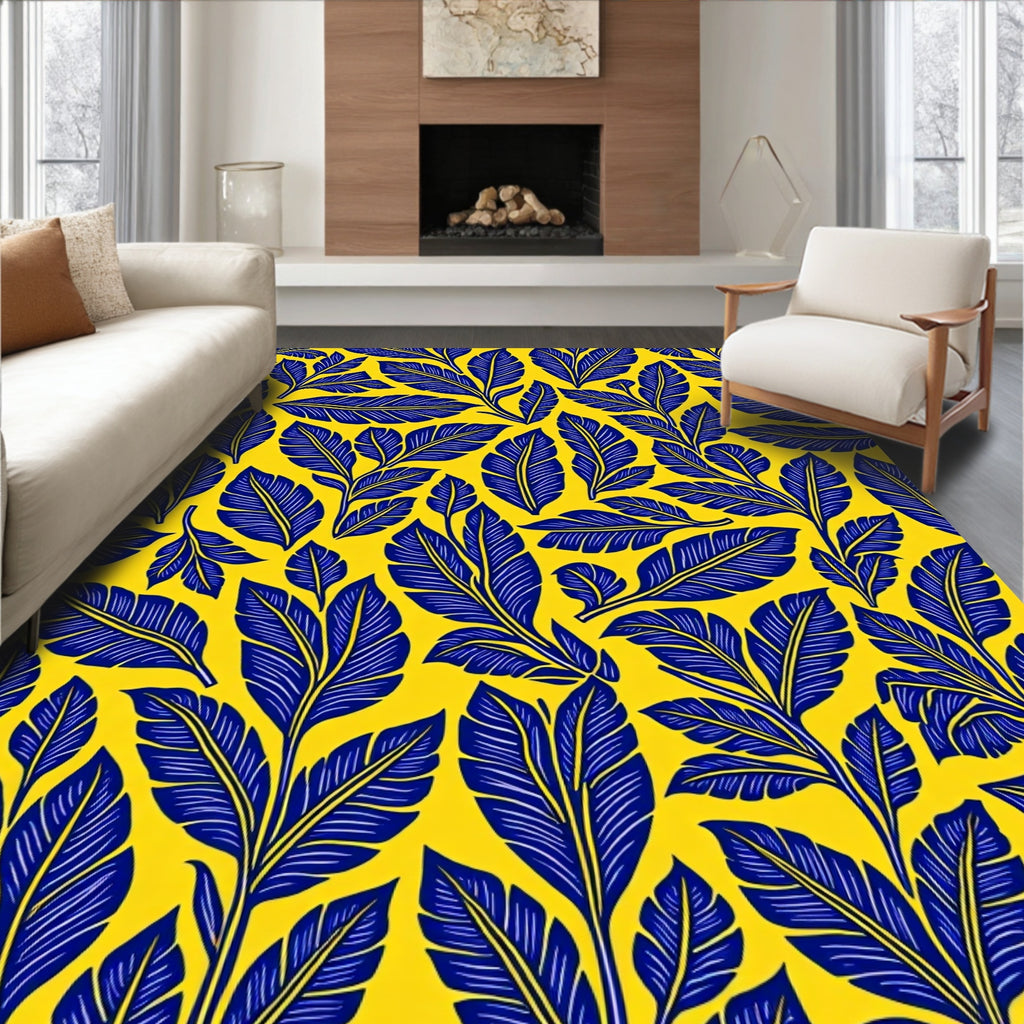 Dark Blue Leaf Pattern Yellow Design Rug
