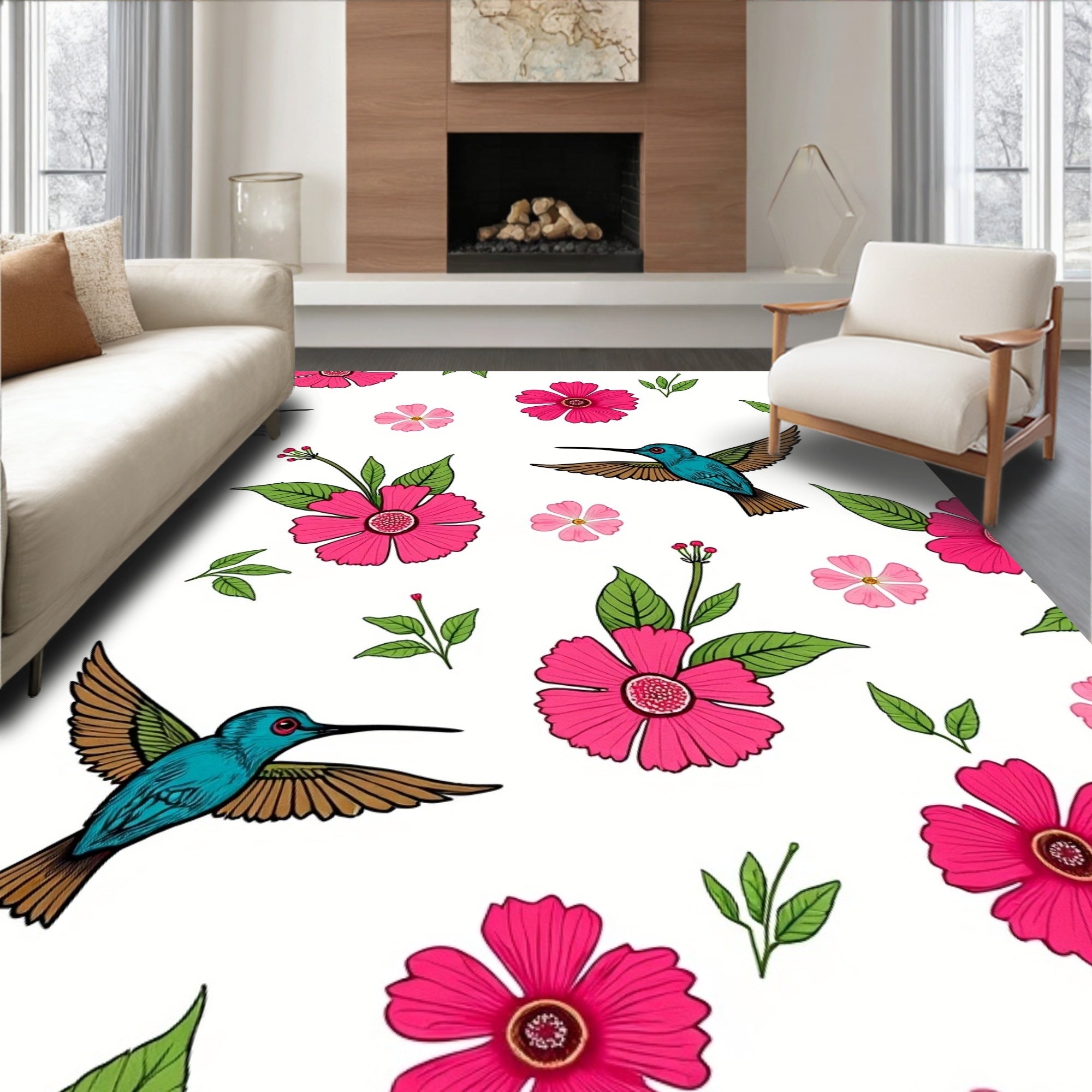 Whimsical Hummingbird Fuchsia Floral Pattern Rug