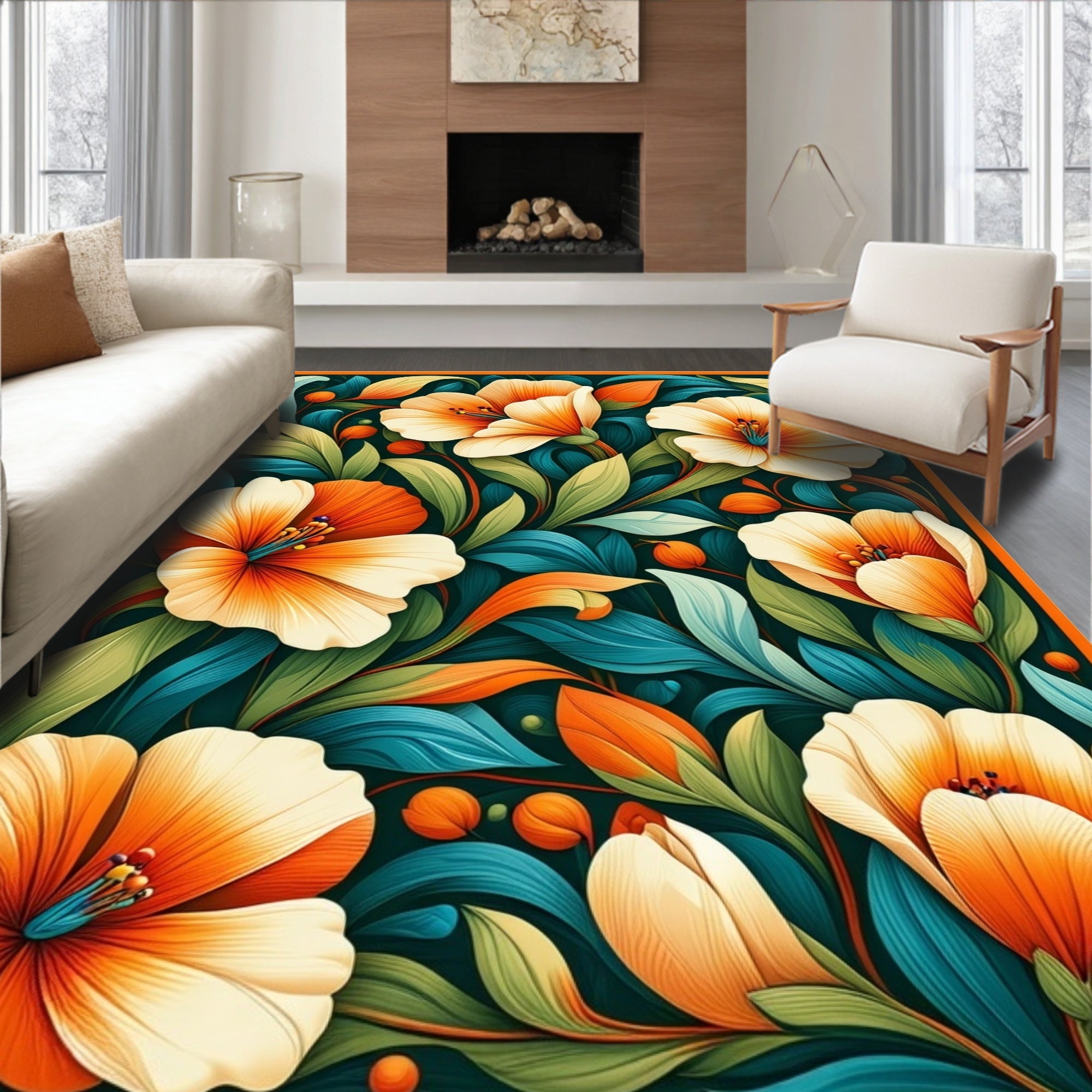 Vibrant Tropical Floral Pattern Rug