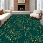 Dark Teal And Gold Leaf Pattern Rug