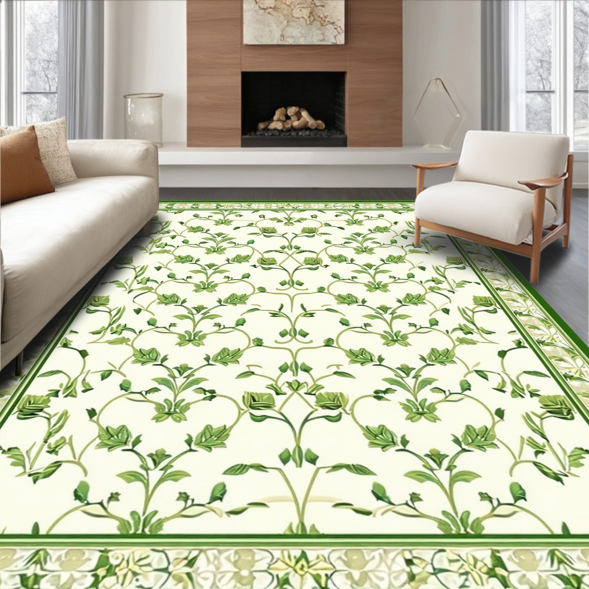 Green Vine And Flower Pattern Rug