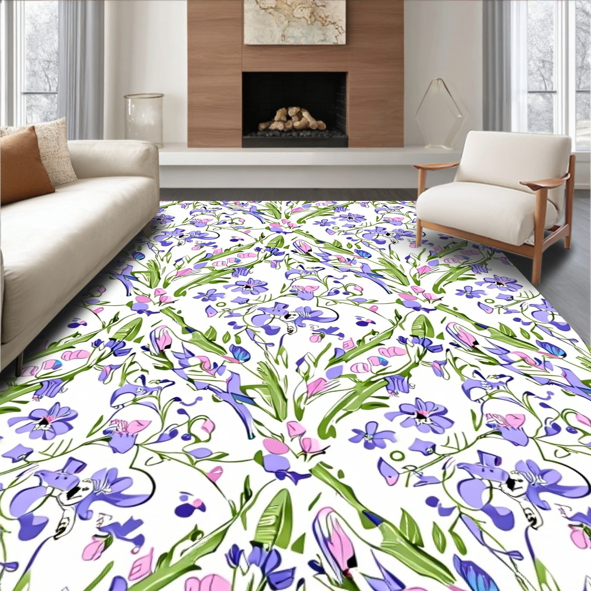 Loose Floral Sketch With Purple Accents Rug