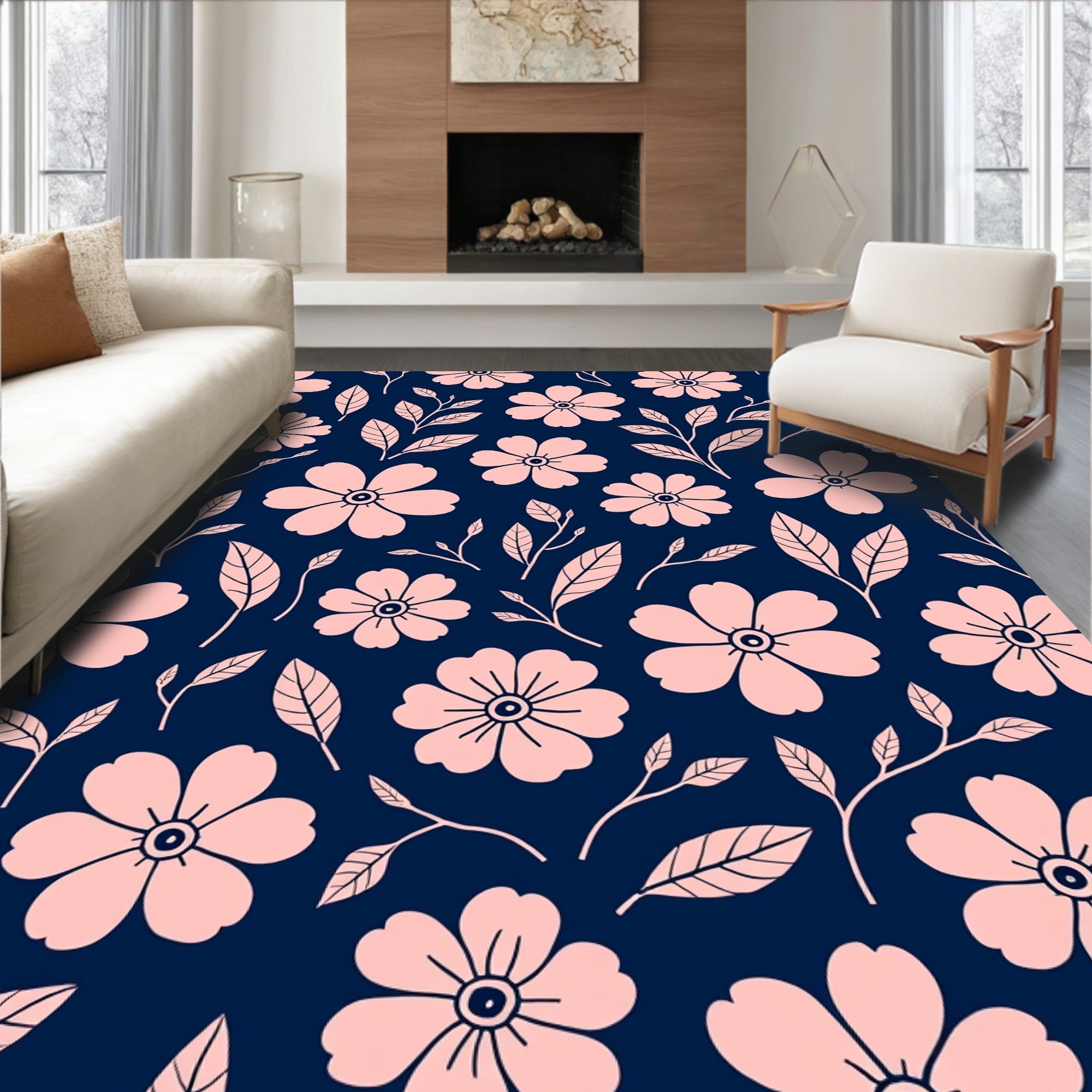 Pink Floral Vines Dark Blue Rug