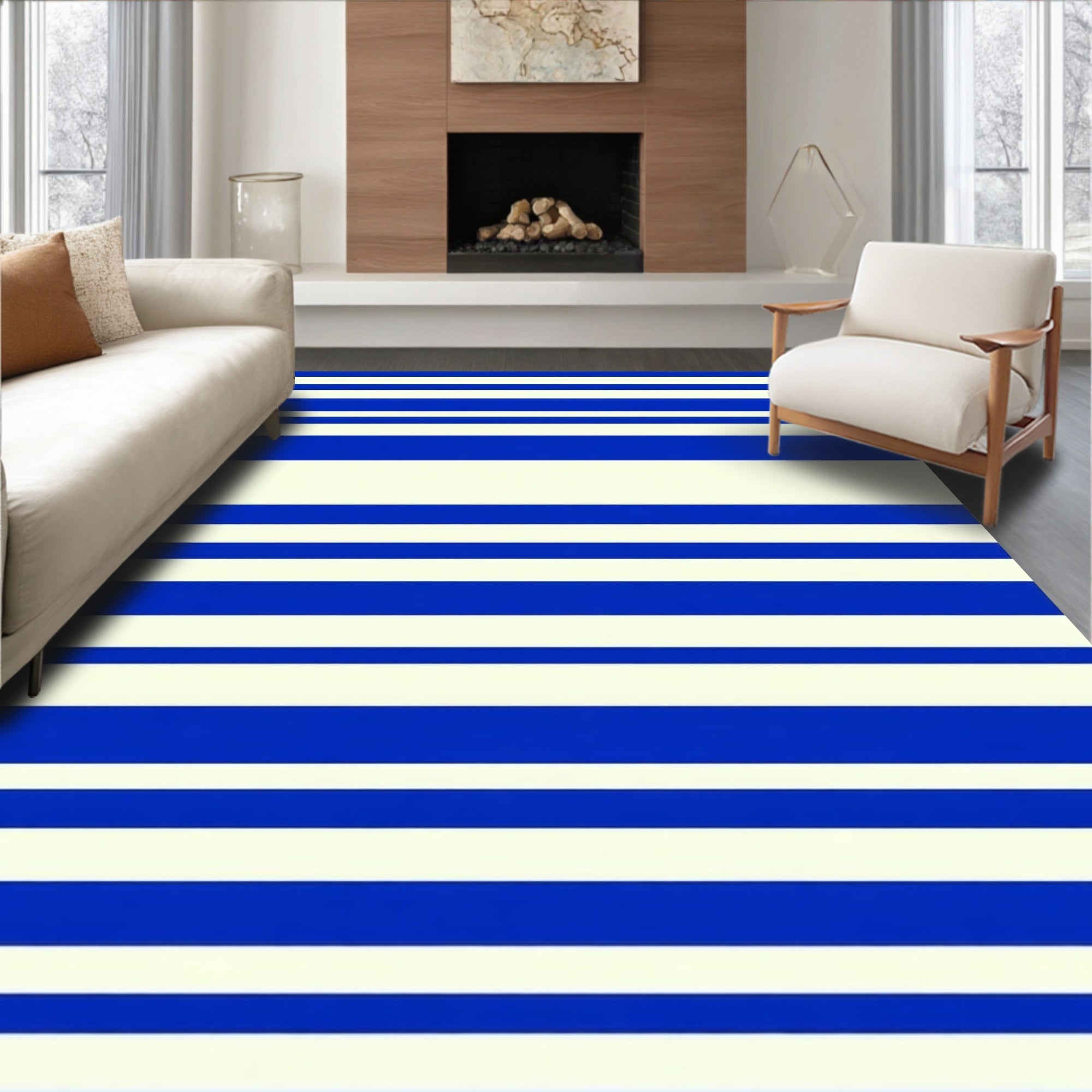 Modern Blue White Striped Pattern Rug