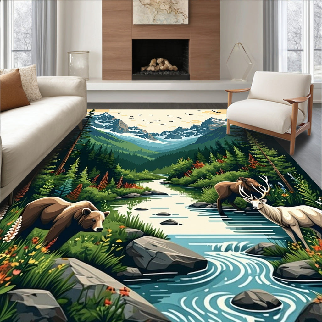 Mountain Woodland Wildlife Scene Rug