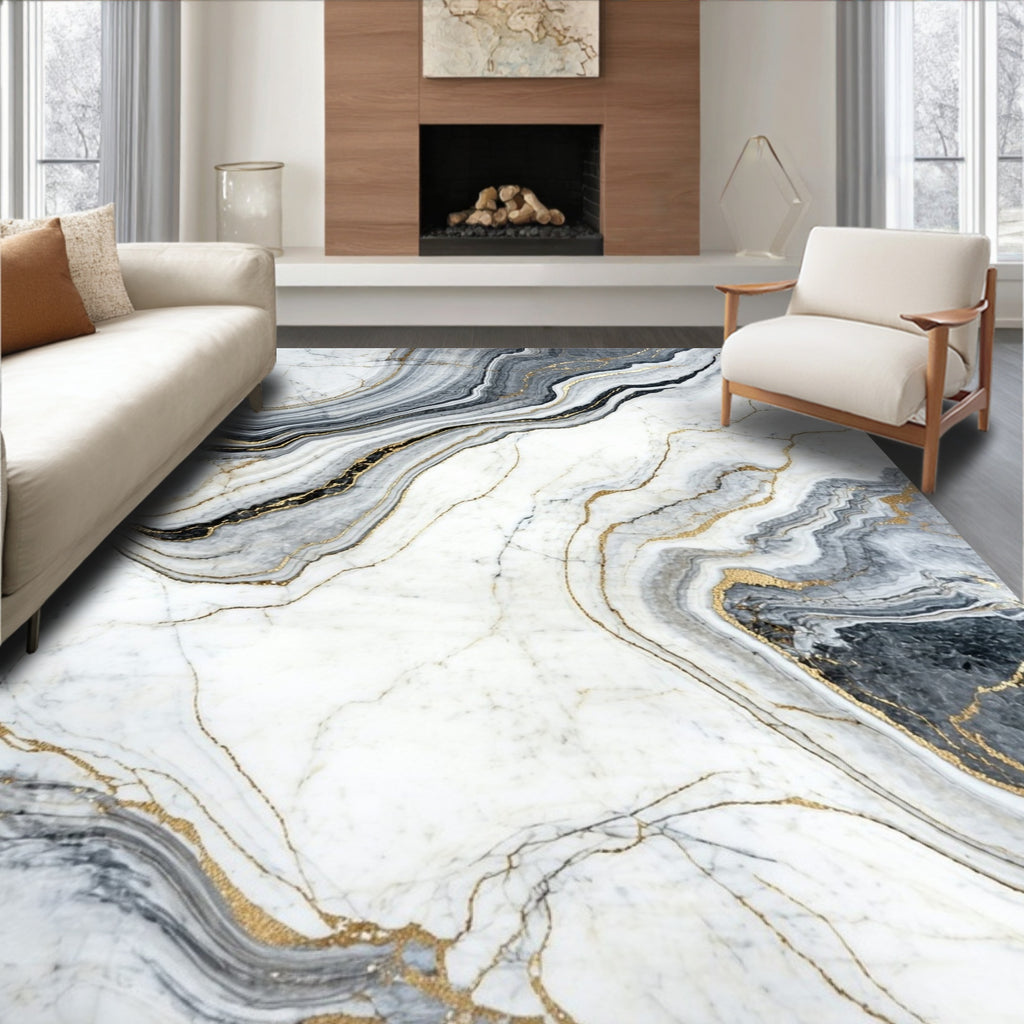 Luxury White Gray Gold Marble Texture Rug