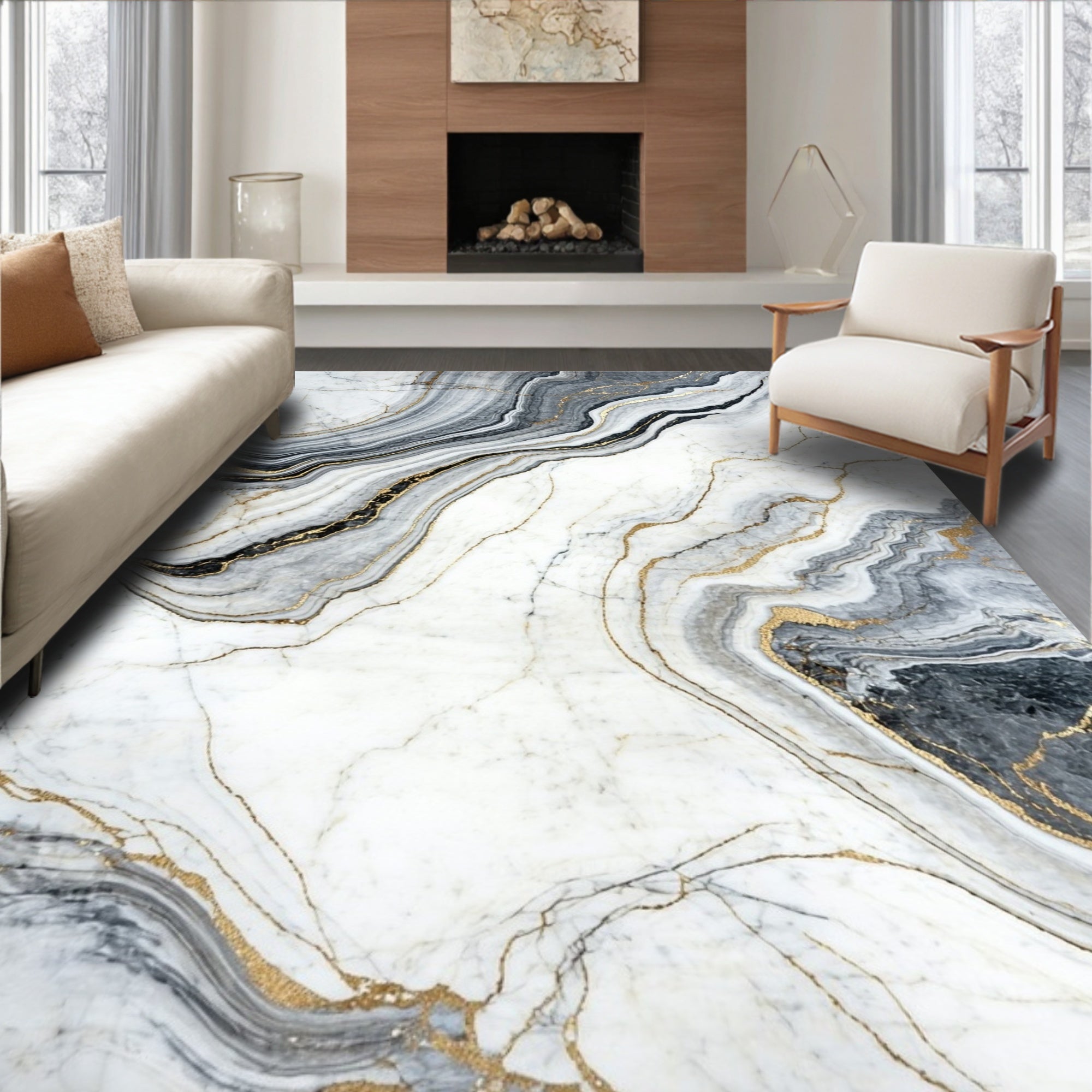 Luxury White Gray Gold Marble Texture Rug