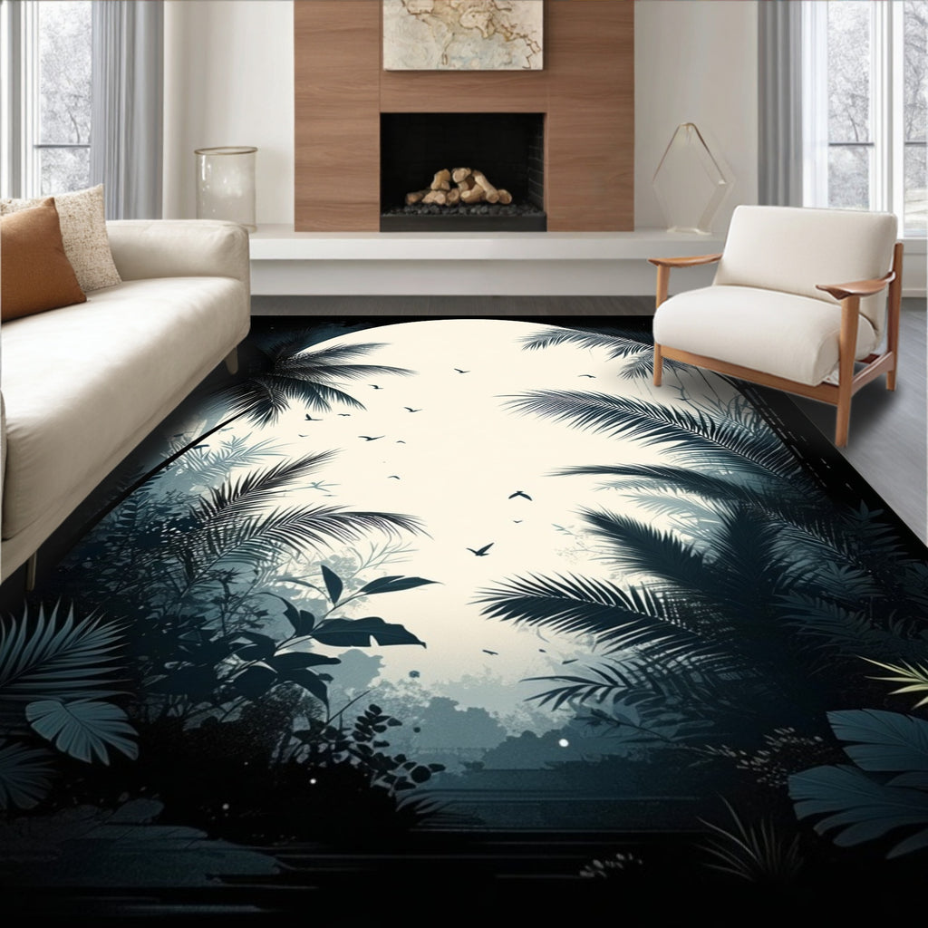 Tropical Jungle Silhouette With Birds Rug