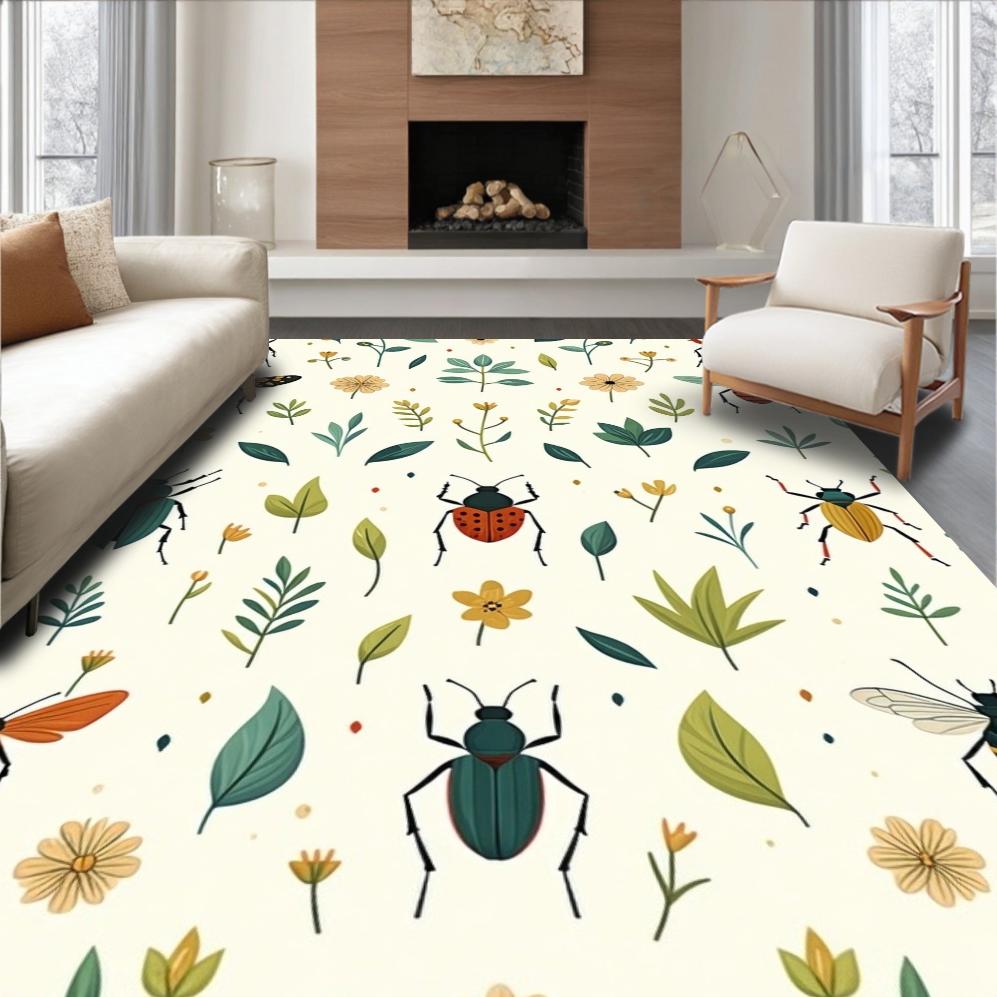 Whimsical Bugs and Botanical Print Rug