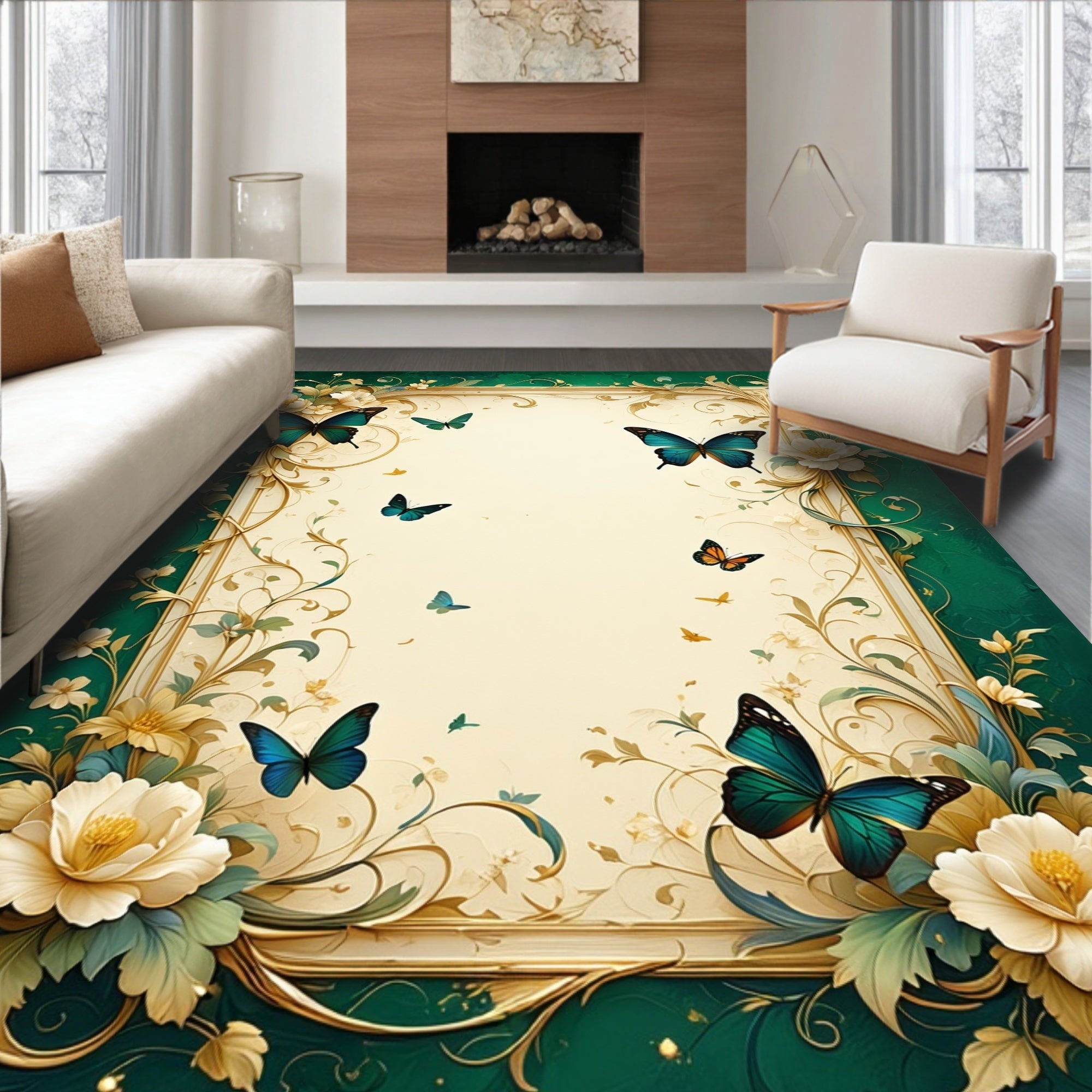 Whimsical Butterflies Floral Botanical Design Rug