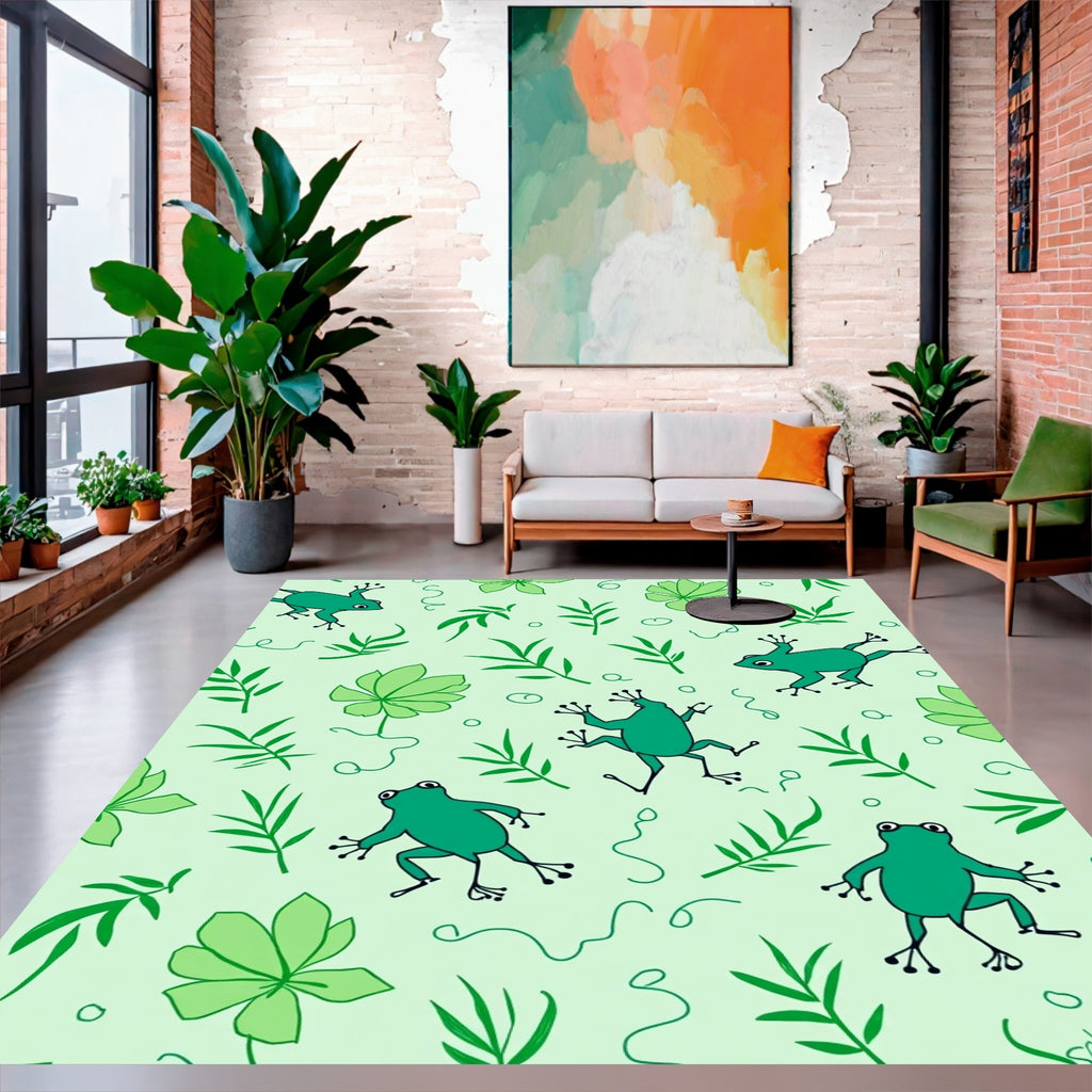 Playful Frogs Among Green Leaves Pattern Rug