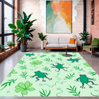 Playful Frogs Among Green Leaves Pattern Rug