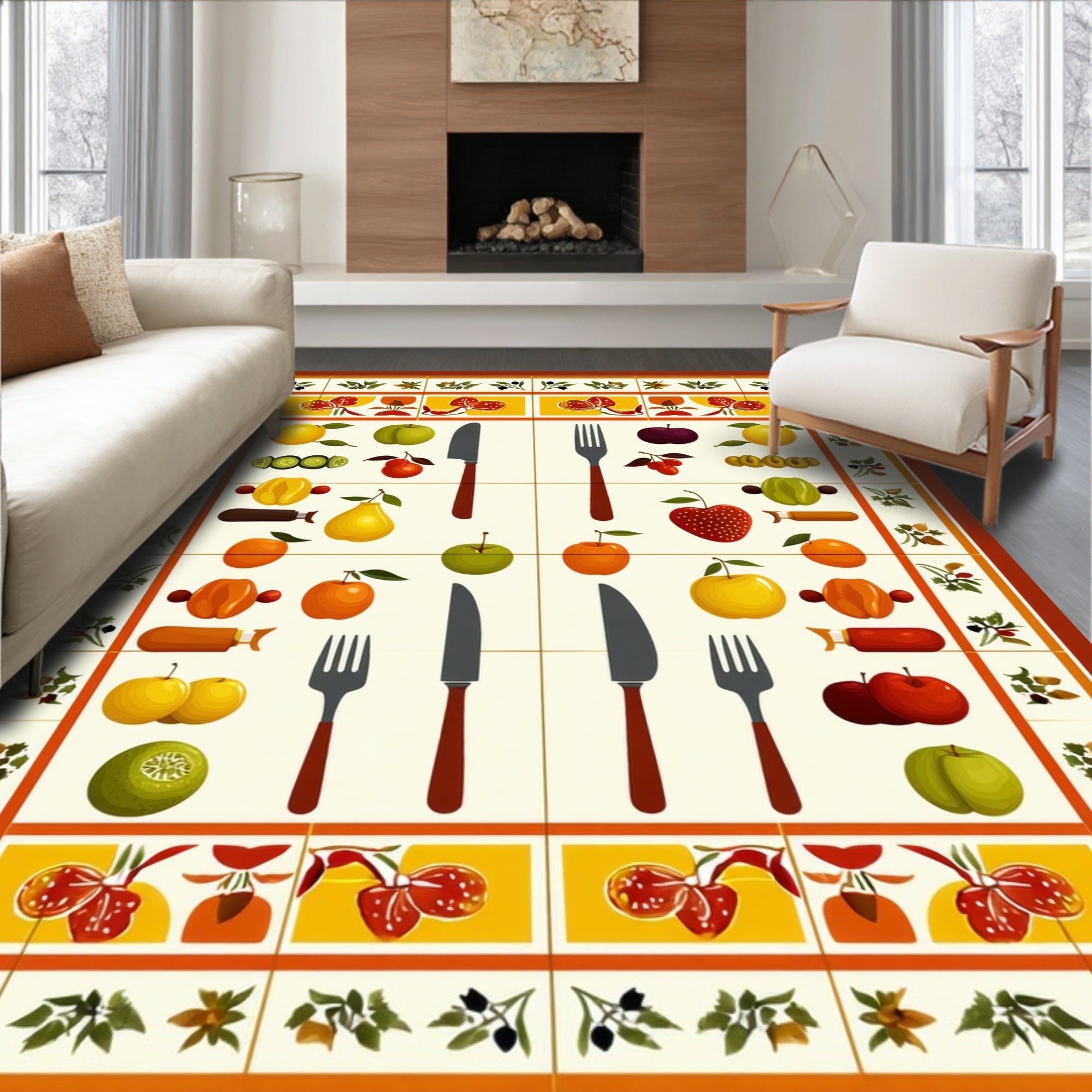 Fruit Utensil Illustrated Pattern Rug