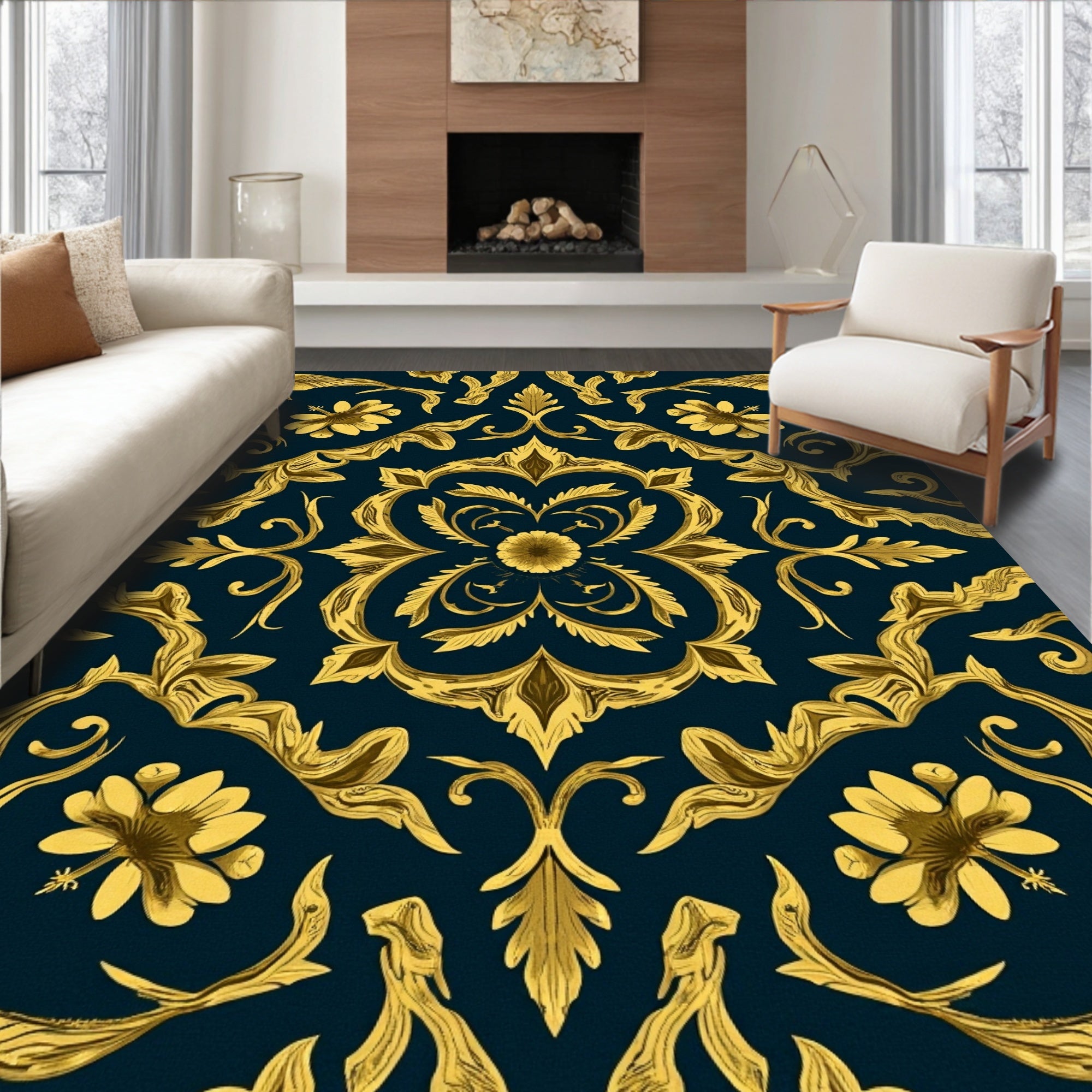Ornate Golden Floral Medallion Pattern Rug
