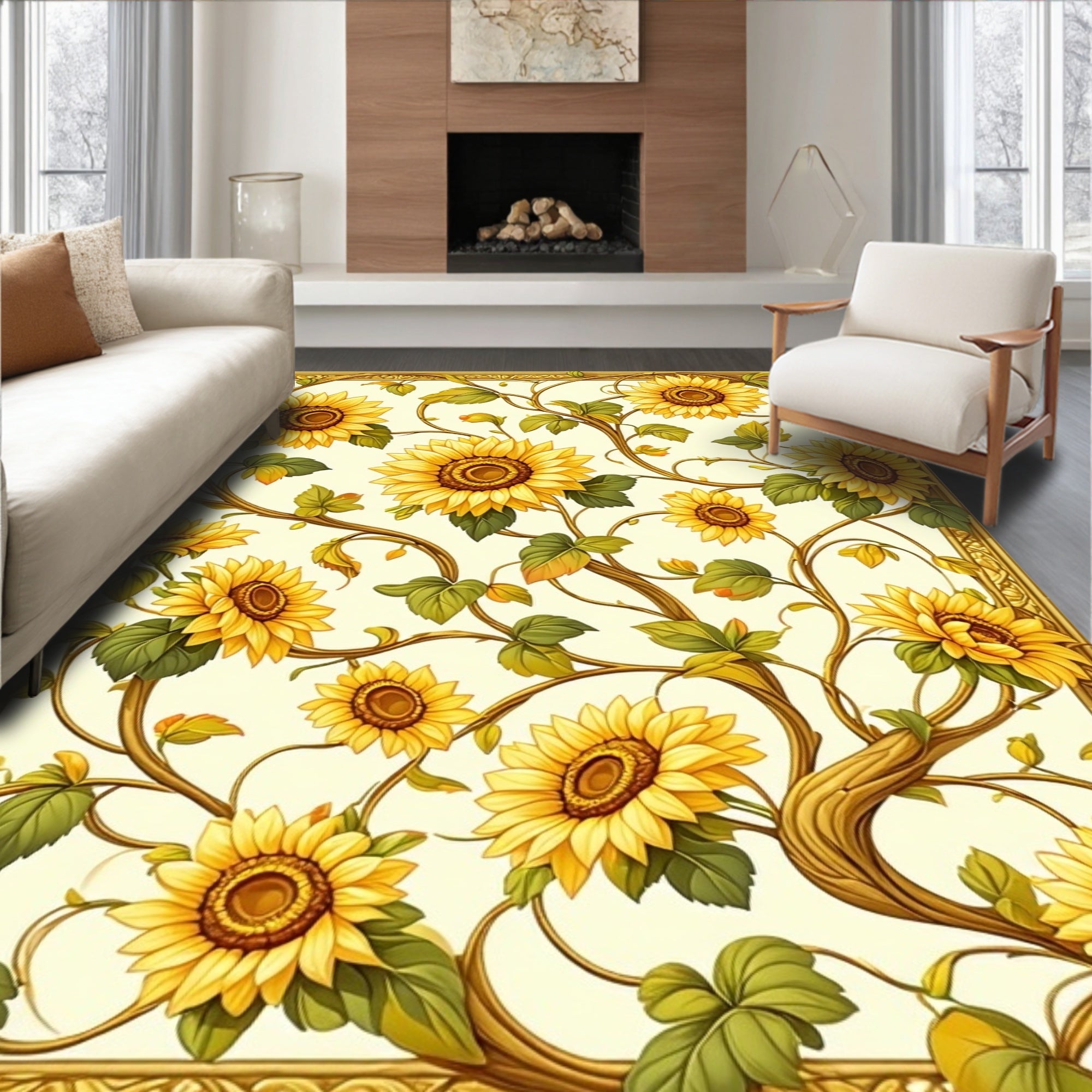 Golden Sunflower Vine Pattern Rug