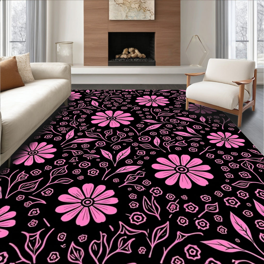 Pink Floral Outline On Black Pattern Rug
