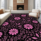 Pink Floral Outline On Black Pattern Rug