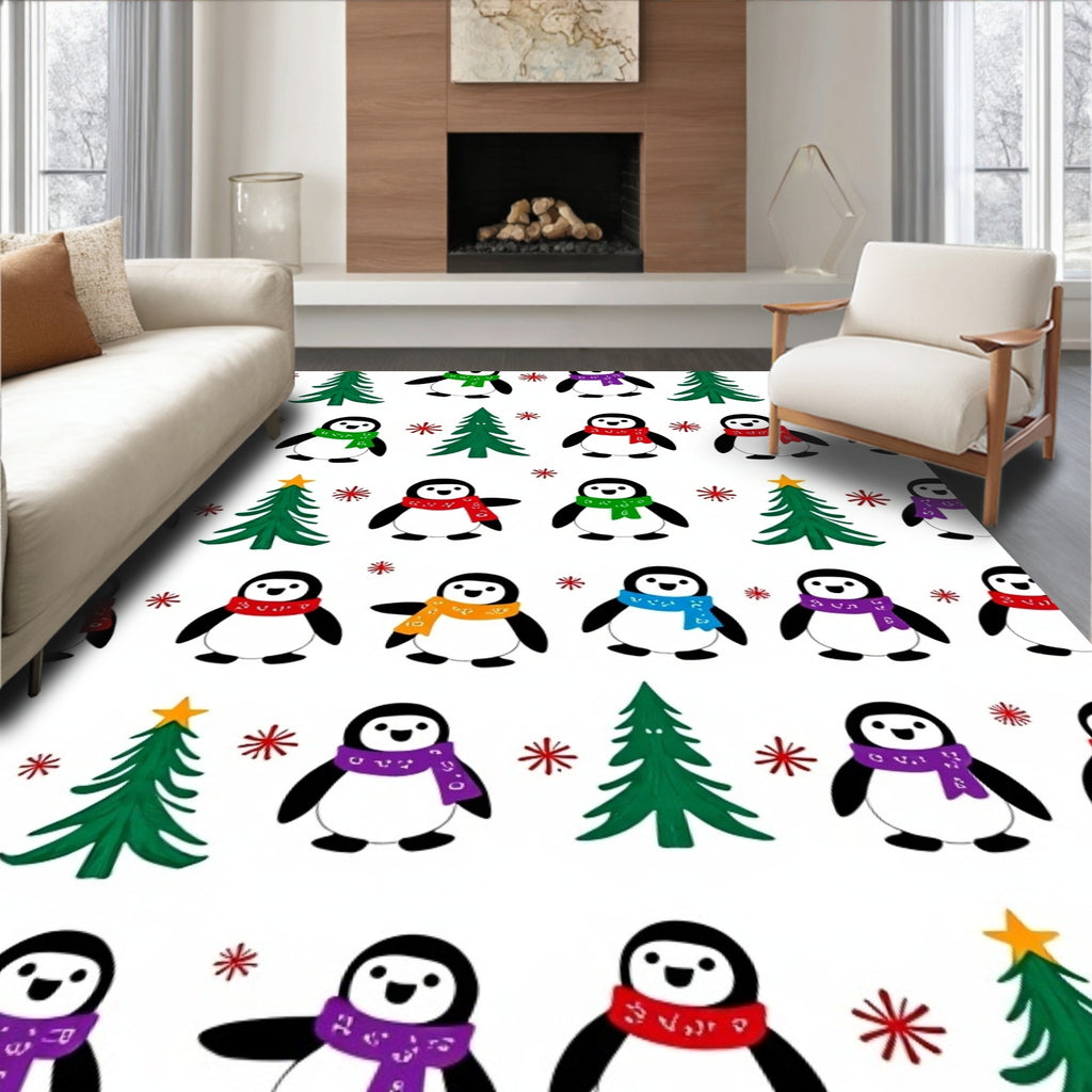 Playful Penguin Trees and Snowflakes Rug