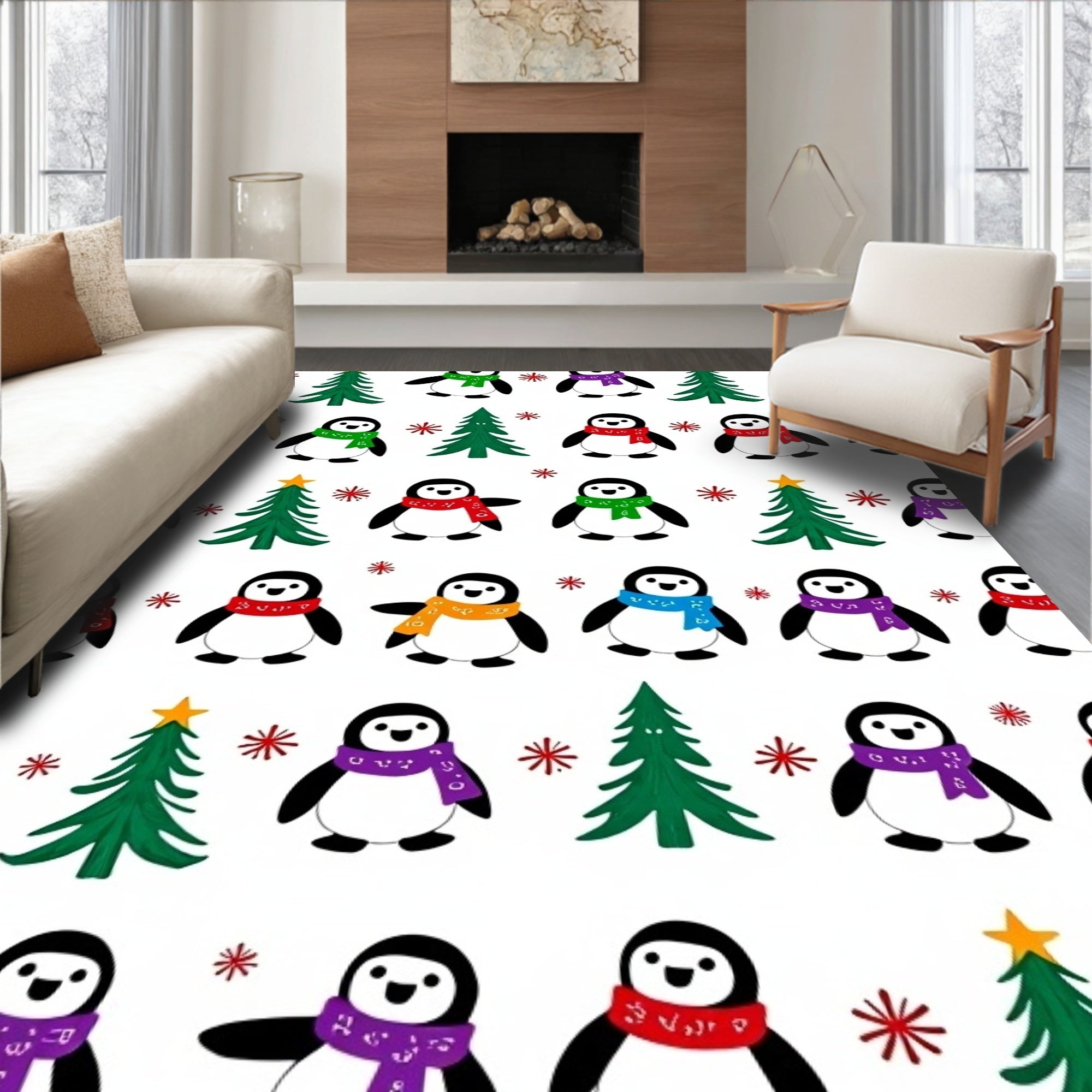 Playful Penguin Trees and Snowflakes Rug