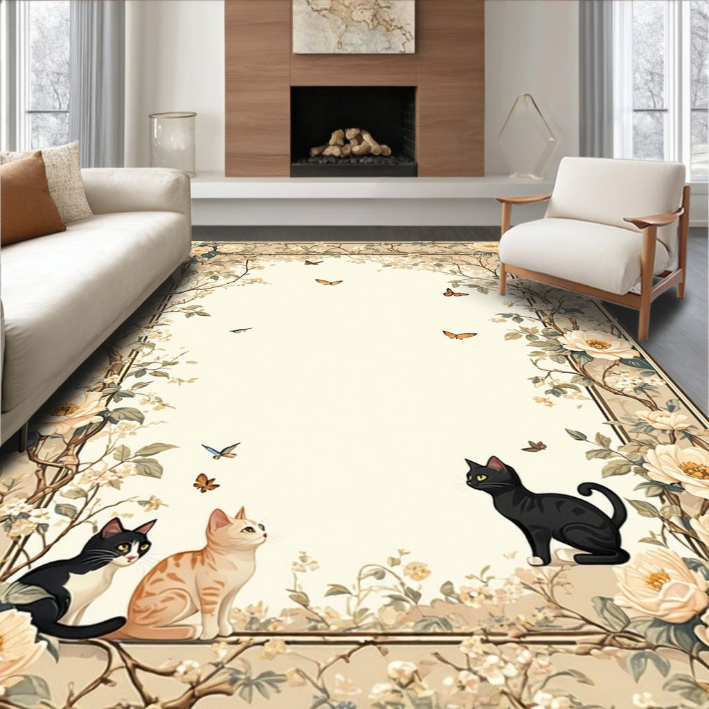 Floral Cats And Butterflies Scenic Design Rug