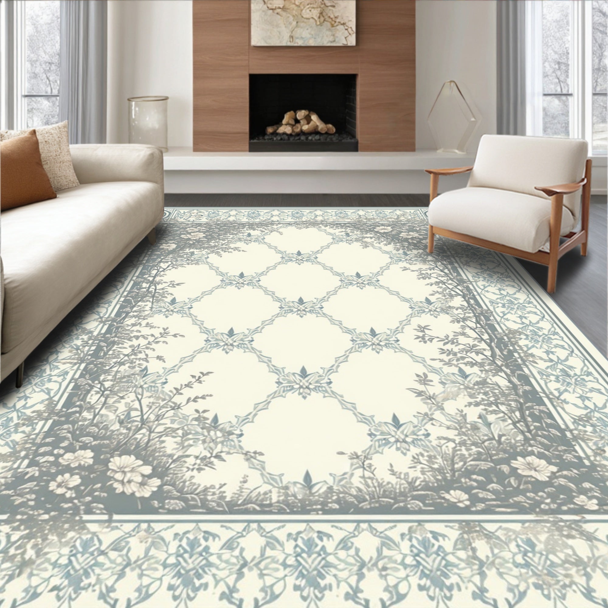 Light Blue Floral Arch Pattern Rug